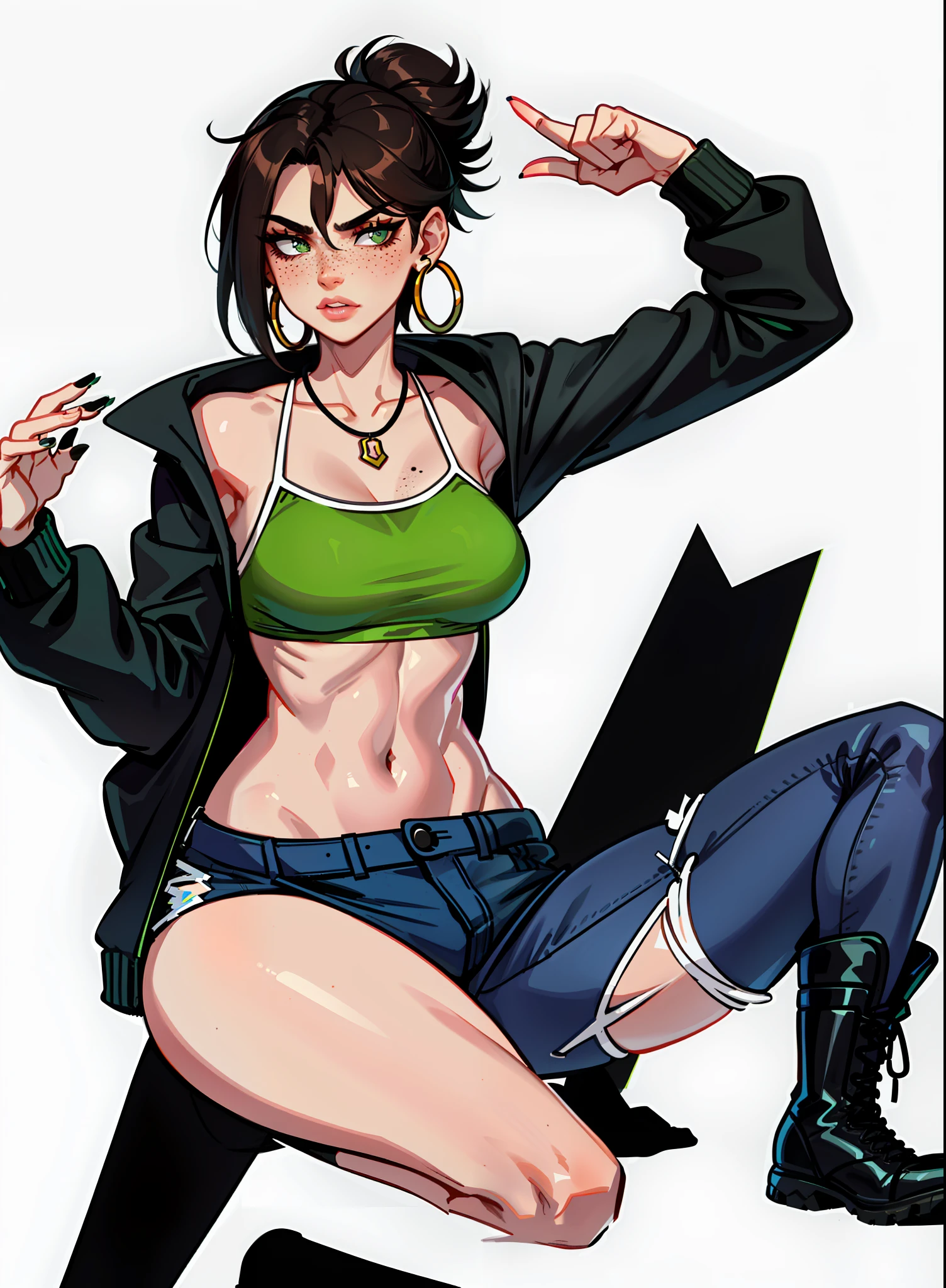 1girl, 1 person, solo female, short, dark brown hair, chin length hair. Her face is angular with high cheekbones, a straight nose, and full lips. She has green eyes that are often smudged with black eyeliner, giving her a slightly edgy look. Her skin pale and dotted with a few freckles across her nose and cheeks. tall and lean with a toned, athletic build from years of playing sports. broad shoulders and a narrow waist, giving her an androgynous look. Casual clothing like croptop, hoodies, and ripped short jeans. combat boots and accessorizes with simple jewelry like leather bracelets or silver hoop earrings. Despite her tomboyish style, she still likes to show off her femininity with small touches like painted nails or a delicate necklace, Showing off skin, , sfw