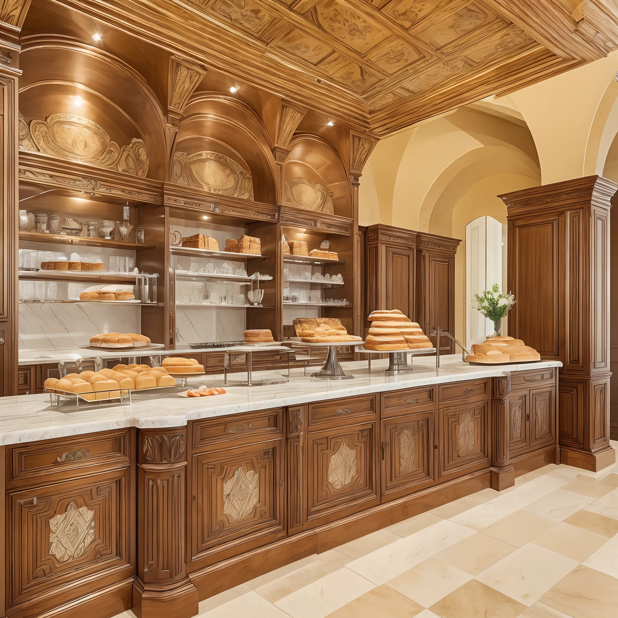 A French-style bakery, full viewing angle, European carved counter, ceiling refinement and European lines, Roman columns, mirrored stainless steel, cash register with island cabinet sideboard, bread cake. Photo texture --auto --s2