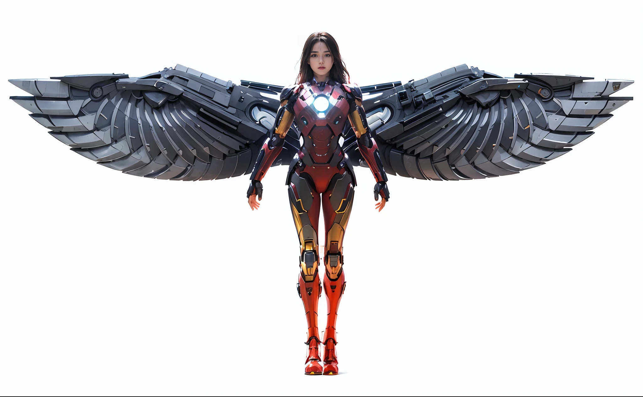 Realistic movie scene of a 20 year old woman. (wearing an Iron Man mech) on her insanely complex anatomical adaptation (graphene: 1.1) biomechanically symmetrical arms and biomechanical legs. Extremely detailed, elegant and gorgeous symmetrical fractal detailing with kyanite gemstones. Scenes captured with bright and soft natural light, dramatic shadows, and beautiful vivid colors. Romantic art style. 8K resolution images in cyberpunk-style with intricate symmetrical details. The whole picture is invincible, heroic and sassy, mainly a complete picture of a woman standing all over her body, smooth movements, and a confident expression, mechanical wings.