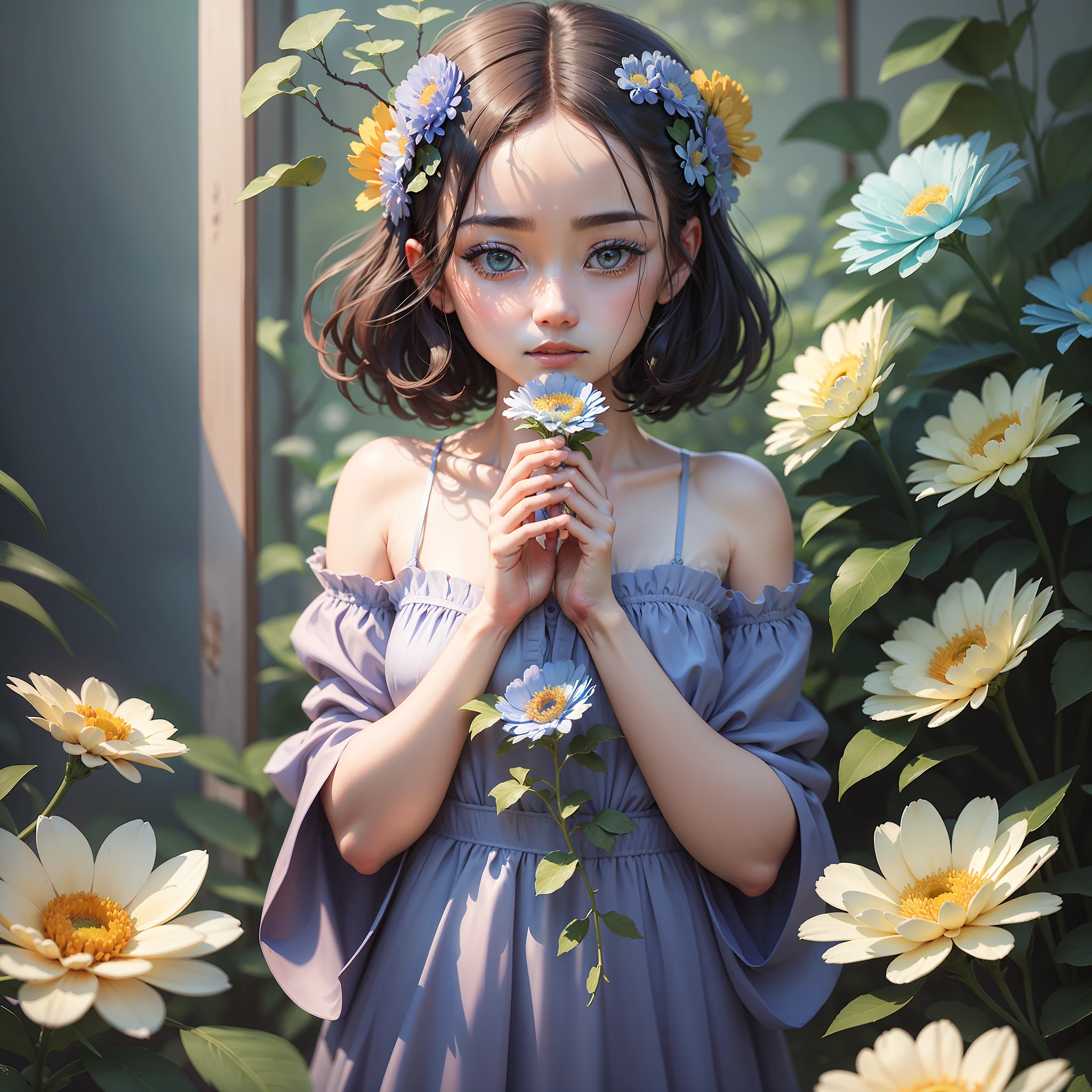 One kind of flower is Cloisonne blue. Its petals are as deep as the sea, and its heart is like dew. There are many green leaves on the branches, and many crystal orange button chrysanthemums. Compared with love, you can feel its loyalty and purity. HD --ar 9:16 --auto --s2