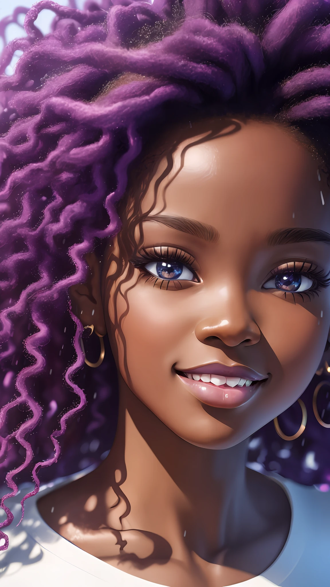realistic portrait of beautiful 9 month old afro-futuristic baby girl ((dark skin color)) eating fruit, ((chibi)), cute smile, ((in the rain)), wearing purple plain t-shirt and jeans, current fashion, mega hair long curly hair, ((kanekalon)), (cinematic contour lighting), close-up, product preview, detailed facial details, perfect face, sharpness, trend art, sharp facial details, cgsociety , very high digital art quality, exquisite hyperdetail, 4k, 3D, 8k soft lighting, dreamy  fashion --auto --s2