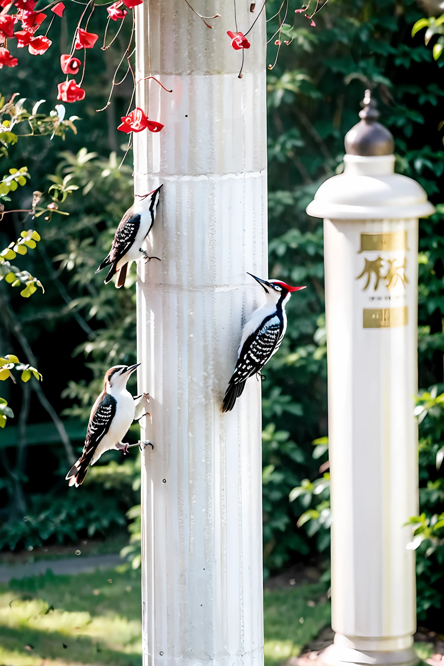 Woodpecker bird pierced a lamp post