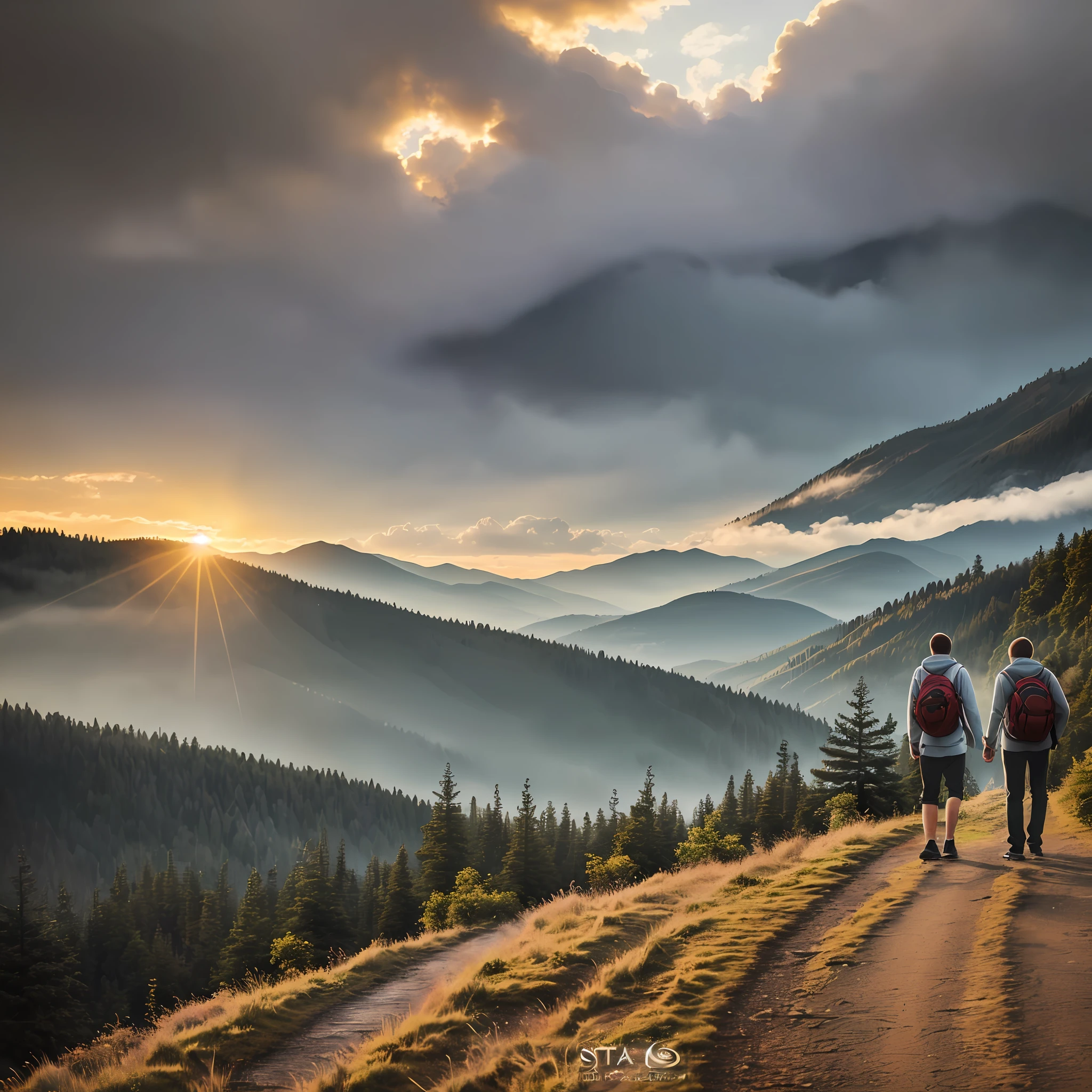 Ultra realistic, highly detailed, masterpiece, award winning picture ,1 couple,age 21, walking, Highway,on mountain view,sun set , in hill,there were trees,in down,windy & rainy weather, mountain view --auto --s2