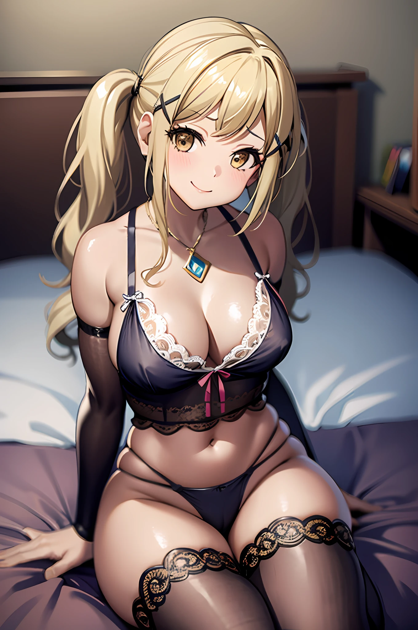 1girl, Arisa ichigaya, x hair ornament, blonde twintails, see-through lingerie, sexy body, cleavage, busty, sitting on bed, pov, smiling