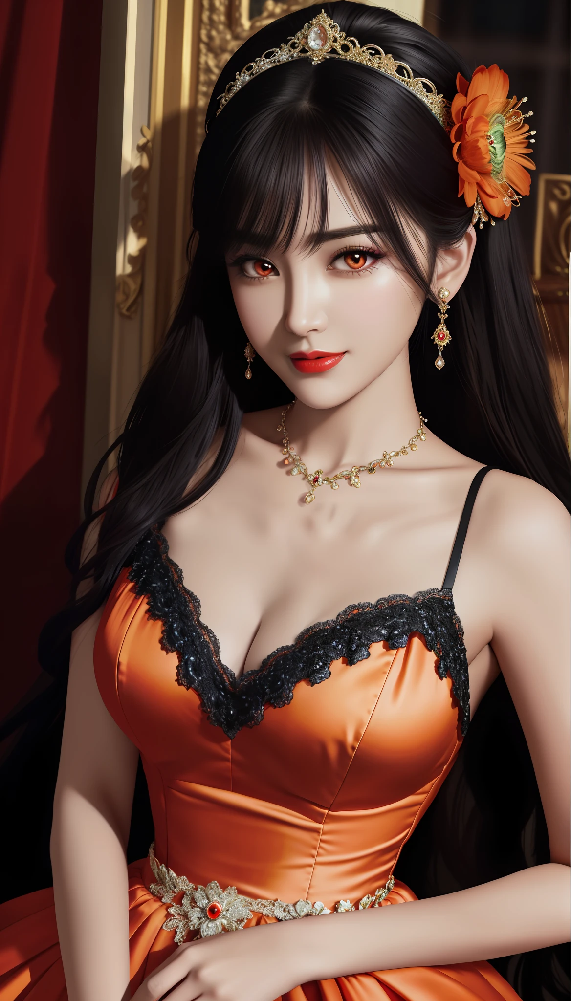 1 girl, looking at viewer, upper body, realistic, large breasts and round, excessively frilled princess dress, draped clothes, jewelry, ornament, flower, lace trim, beautiful big and round orange eyes, sharp eyebrows, very sharp and detailed peacock eyelashes and makeup, red lips, Smiling lips, long silky black hair and jewelry clips, masterpiece, best quality, 8k, detailed skin texture, detailed cloth texture, beautiful detailed face, intricate details, ultra detailed, rim lighting, side lighting, cinematic light, ultra high res, 8k uhd, film grain,best shadow, delicate, RAW