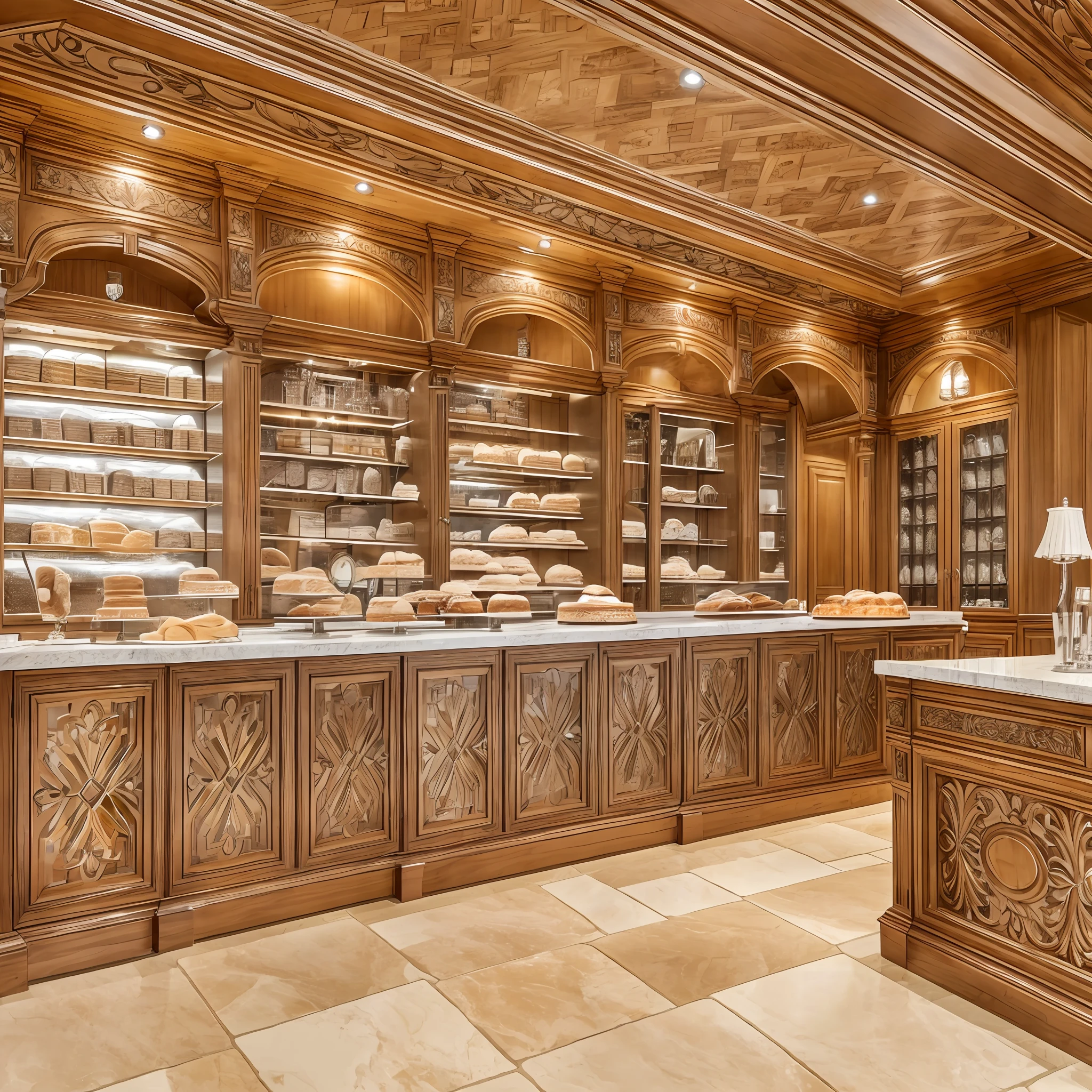 A French-style bakery, full viewing angle, European carved counter, ceiling refinement and European lines, Roman columns, mirrored stainless steel, cash register with island cabinet sideboard, bread cake. Photo texture --auto --s2