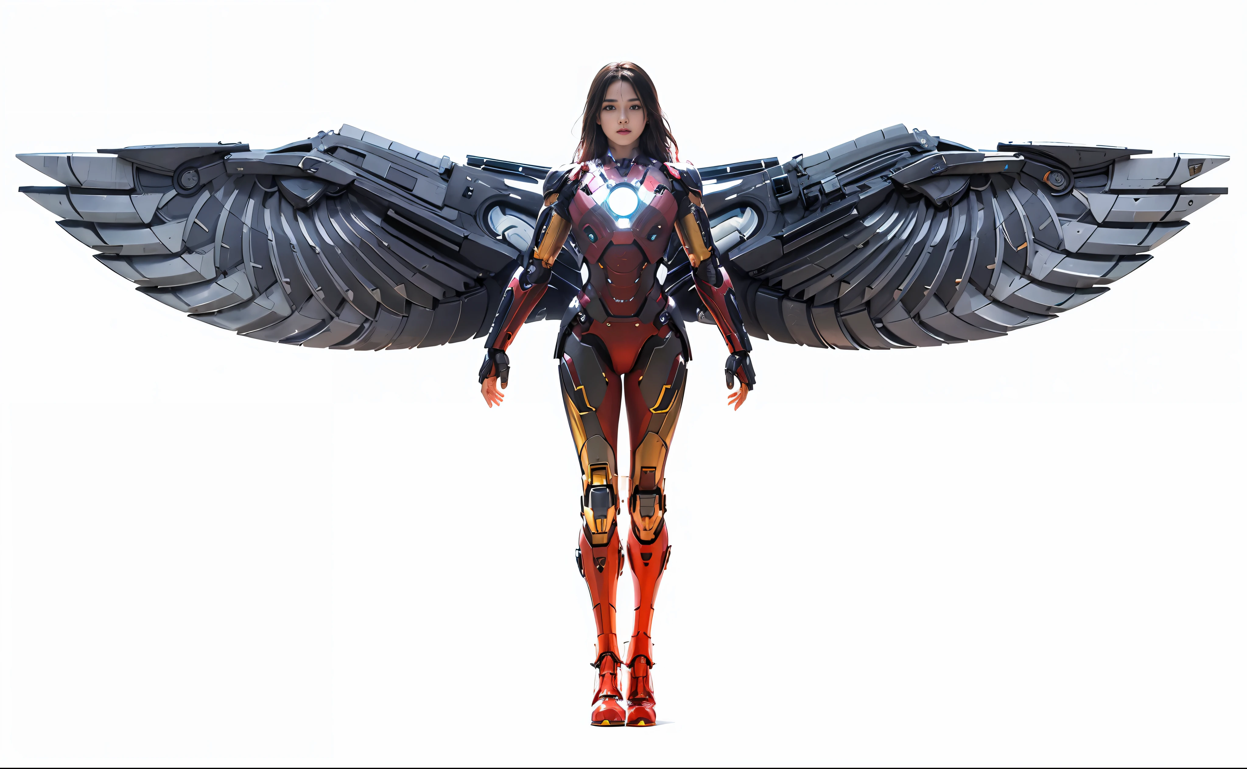Realistic movie scene of a 20 year old woman. (wearing an Iron Man mech) on her insanely complex anatomical adaptation (graphene: 1.1) biomechanically symmetrical arms and biomechanical legs. Extremely detailed, elegant and gorgeous symmetrical fractal detailing with kyanite gemstones. Scenes captured with bright and soft natural light, dramatic shadows, and beautiful vivid colors. Romantic art style. 8K resolution images in cyberpunk-style with intricate symmetrical details. The whole picture is invincible, heroic and sassy, mainly a complete picture of a woman standing all over her body, smooth movements, and a confident expression, mechanical wings.