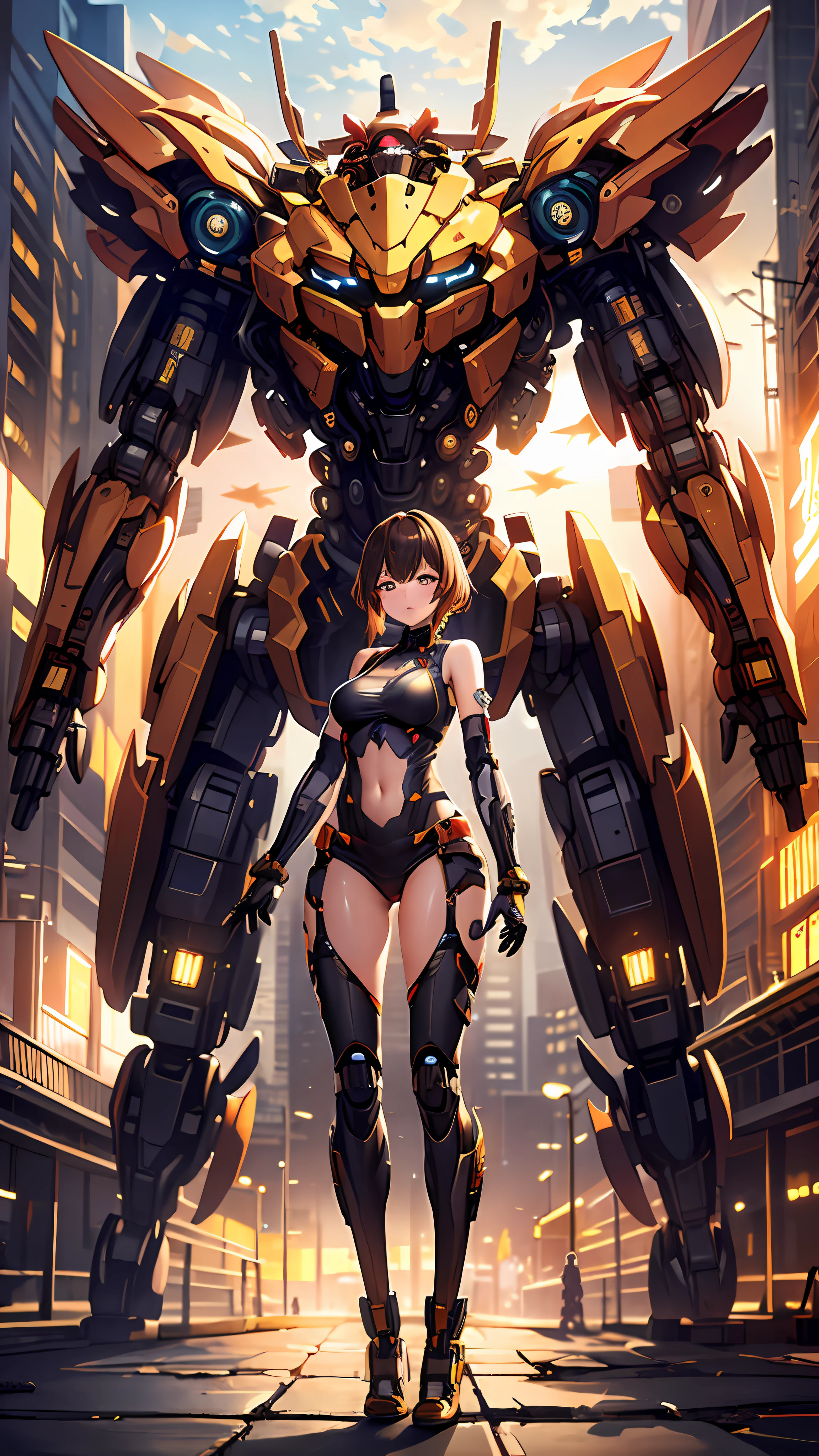 ((masterpiece, best quality)),illustration,ultra detailed 8k,photorealistic,sharp focus,highly detailed,professional lighting,colorful details,iridescent colors BREAK extreme long shot of a factory,large mechanical robot construction,microchip,computer,glowing,intricate details,shitu-mecha,1girl is standing in front of the audience,Navel