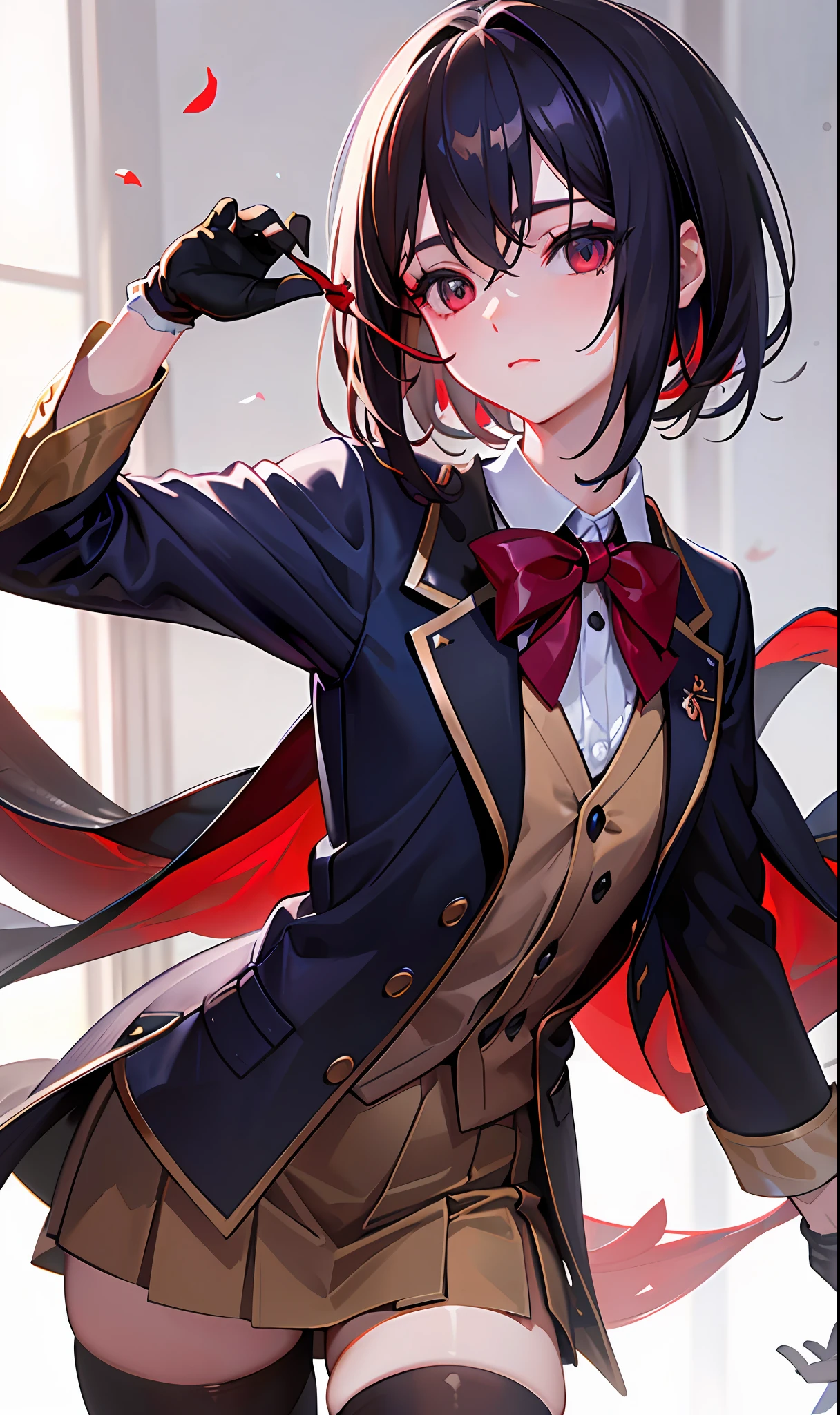 (masterpiece, sidelighting, finely detailed beautiful eyes: 1.2), (masterpiece*portrait), portrait, (bust), realistic, 3d face, lusious skin, ((solo)), (close-up of face), (scarlet eyes), hanging corners, (high detail skin, visible pores)), (Perfect body), a beautiful steampunk girl, small breasts, (Japanese school uniform containing a bust-length small blazer)), (ribbon collar), (short gloves as short as half a palm)