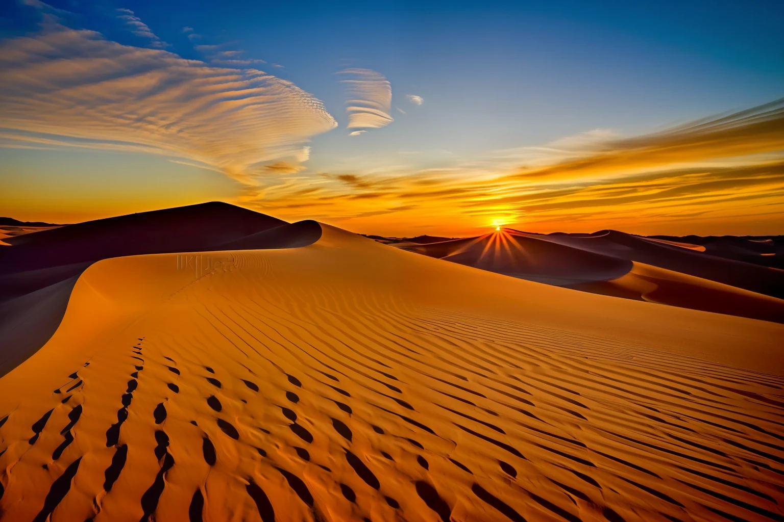 Beautiful sunrise and three dunes of a desert