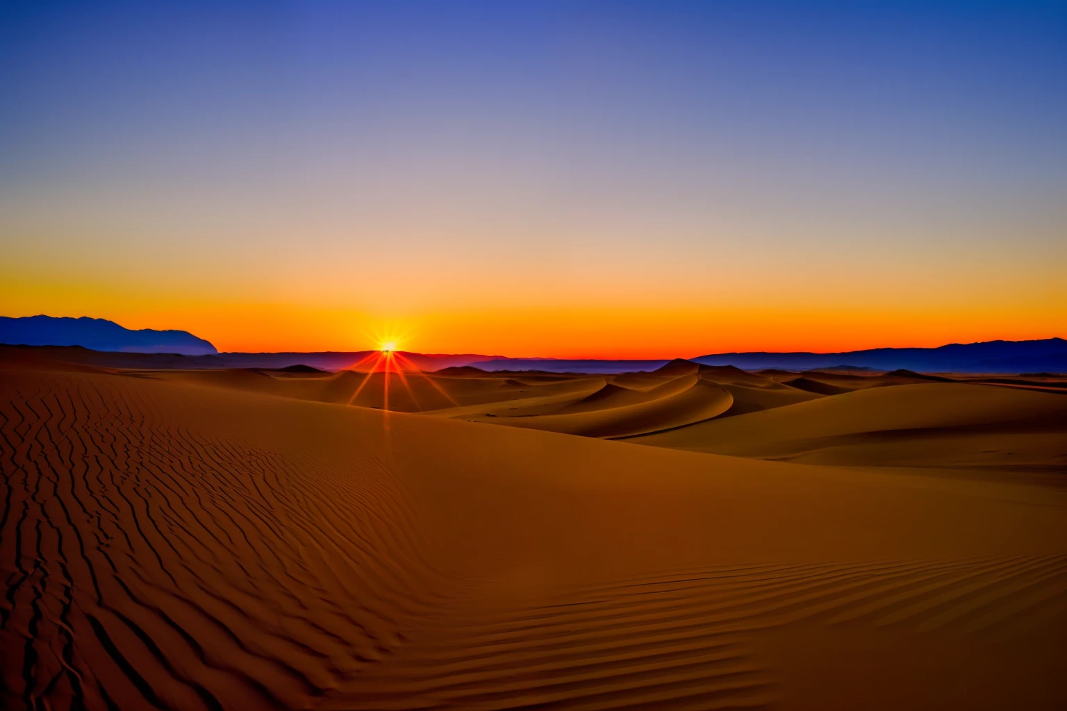 Beautiful sunrise and three dunes of a desert