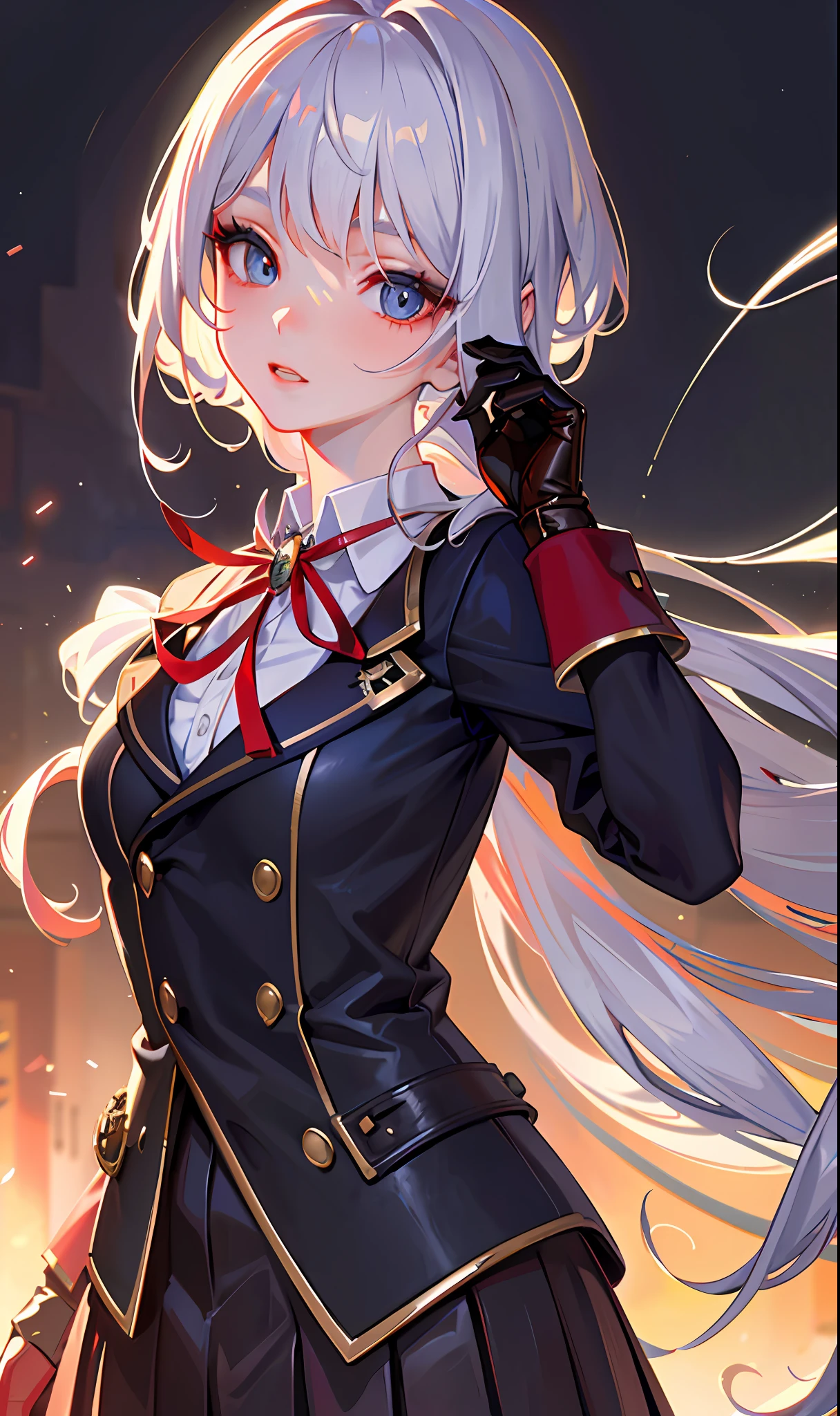 (masterpiece, sidelighting, finely detailed beautiful eyes: 1.2), (masterpiece*portrait), portrait, (bust), realistic, 3d face, lusious skin, ((solo)), (close-up of face), (scarlet eyes), hanging corners, (high detail skin, visible pores)), (Perfect body), a beautiful steampunk girl, small breasts, (Japanese school uniform containing a bust-length small blazer)), (ribbon collar), (short gloves as short as half a palm)