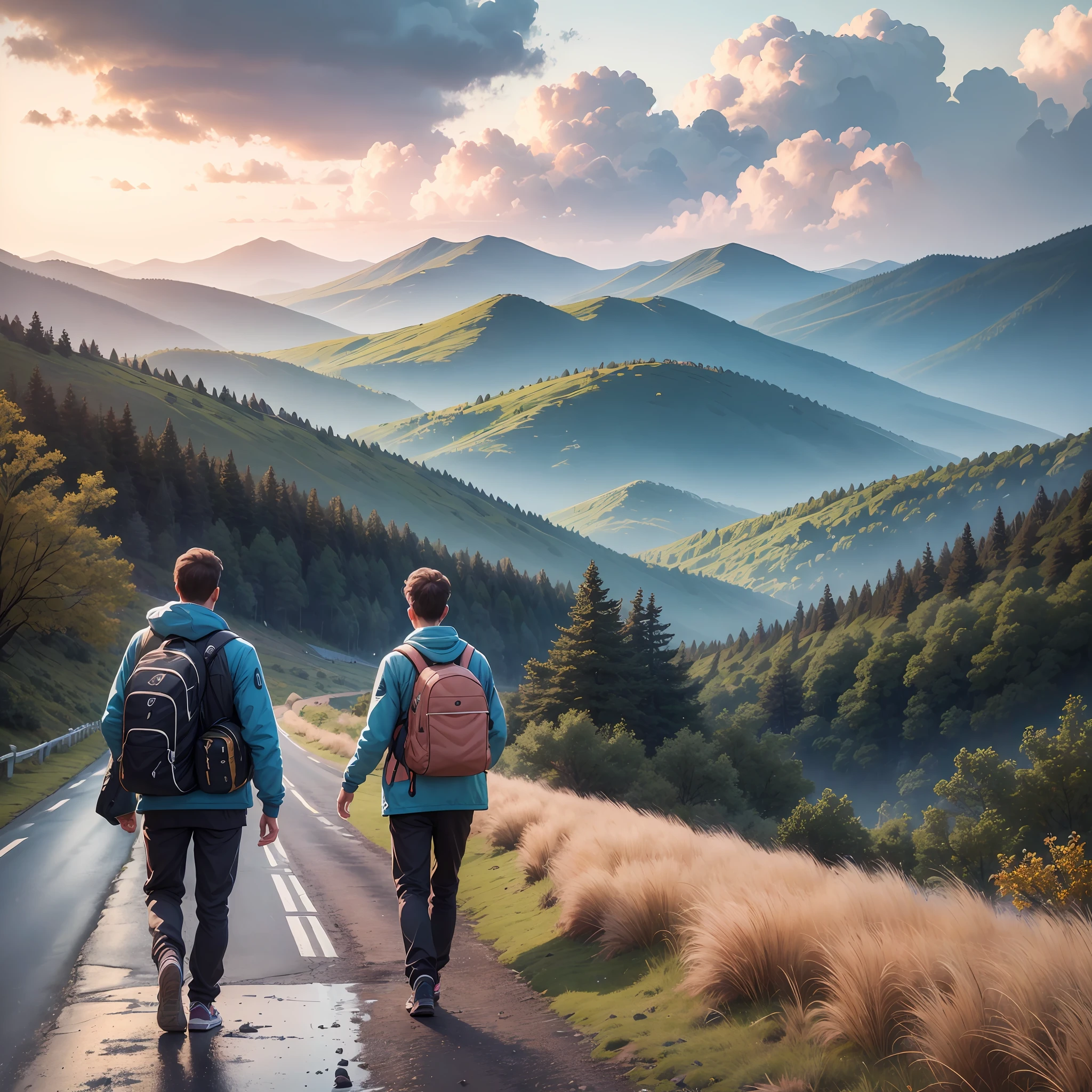 8k ,Ultra realistic, highly detailed, masterpiece, award winning picture ,1 men,1 women,age 21, walking, Highway,on mountain view,sun set , in hill,there were trees,in down,windy & rainy weather, mountain view --auto --s2