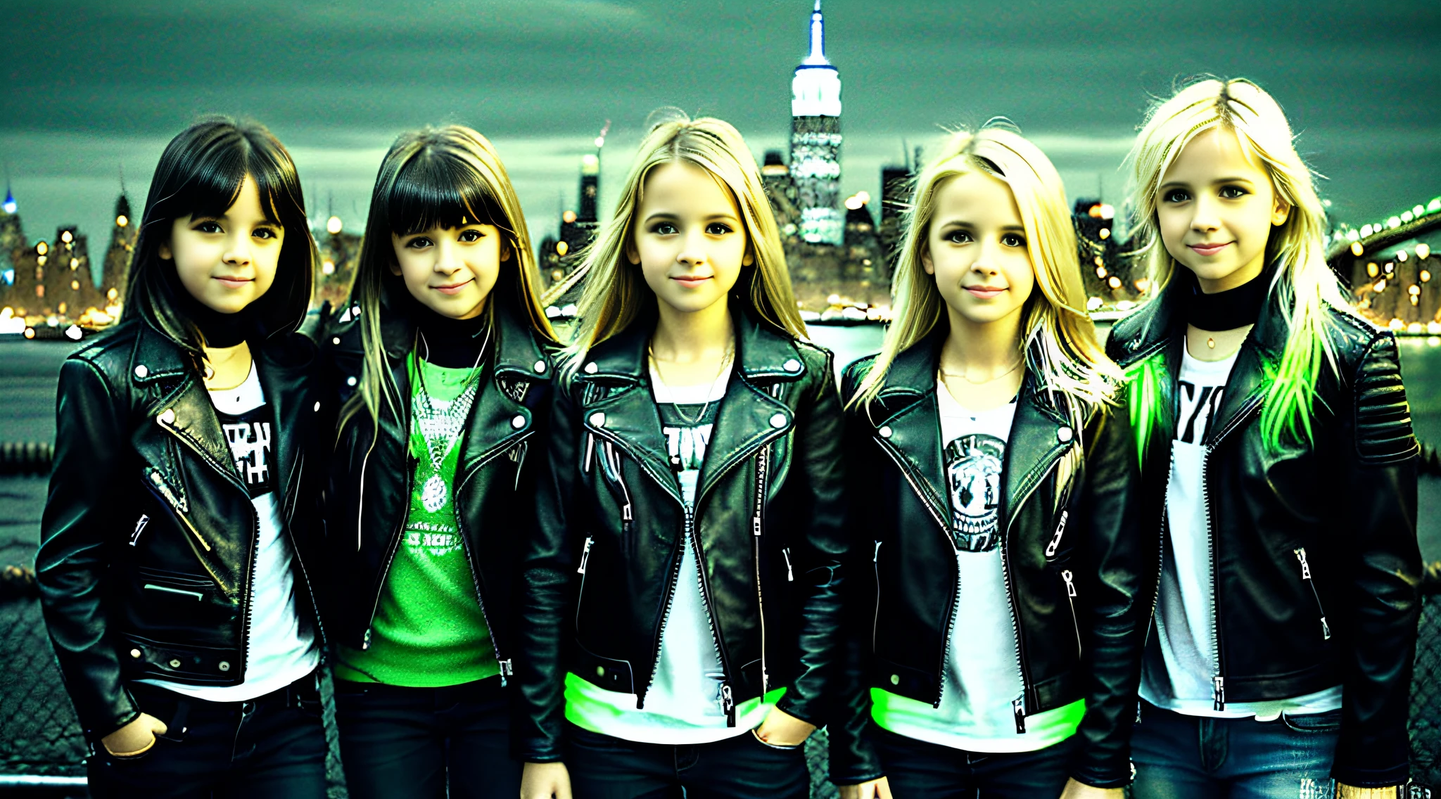 3 girls blonde children WITH STRAIGHT HAIR, BLACK LEATHER JACKET AND BLACK CLOTHING. PORTRAT STYLE, arafed image of a city skyline with a bridge and a green glow, detalized background of new york, green glow, ny, green glow, brooklyn background, green ambient light, new york background, new york city background, bright green, radioactive glow green, neon green, sickening green colors, gotham city background, new york city as a backdrop,  New York