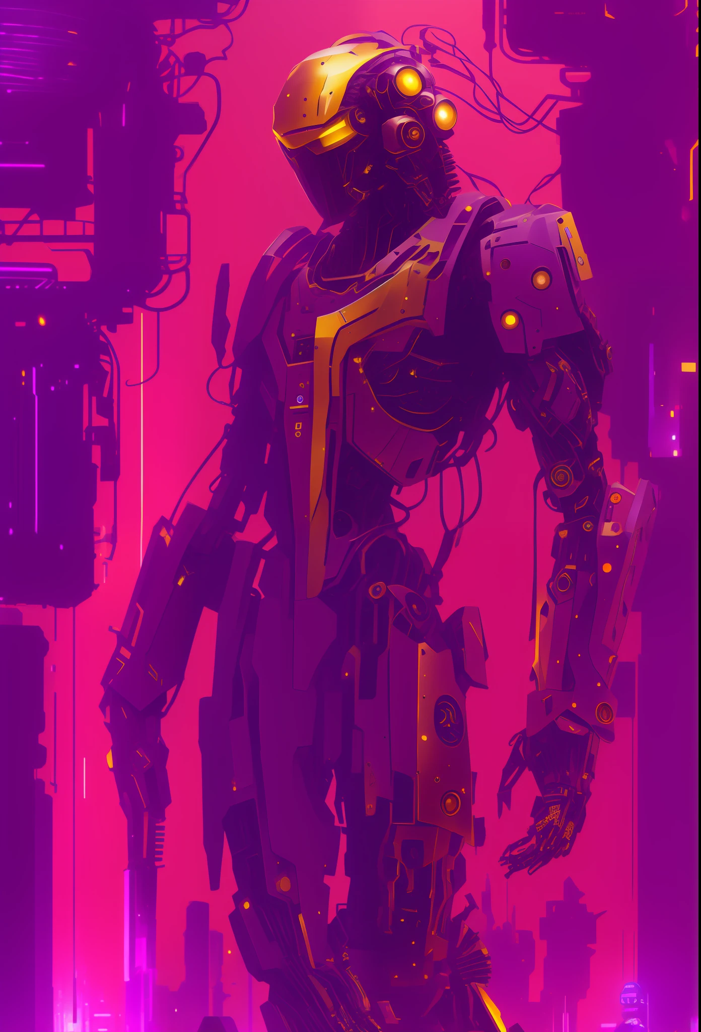 arafed robot with a purple and yellow helmet and a purple and yellow helmet, deep cyberpunk mechanoid, cyberpunk mechanoid, fashionable cyberpunk mechanoid, cyberpunk robot, painterly humanoid mecha, cyberpunk bee, cyberpunk cyborg wasp, portrait of a cyberpunk machine, portrait of a mech, yellow mech, full portrait of electromancer