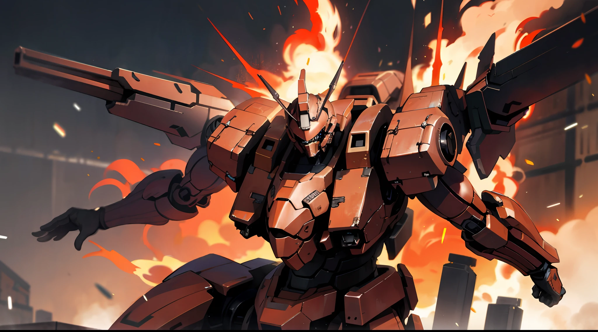 Armored core in a flaming City, Red cosmic blazing sky