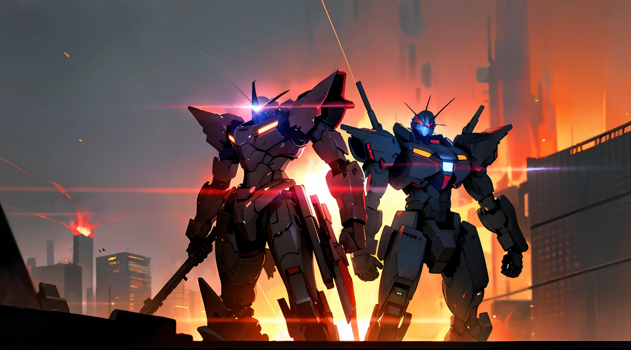 Armored core in a flaming City, Red cosmic blazing sky