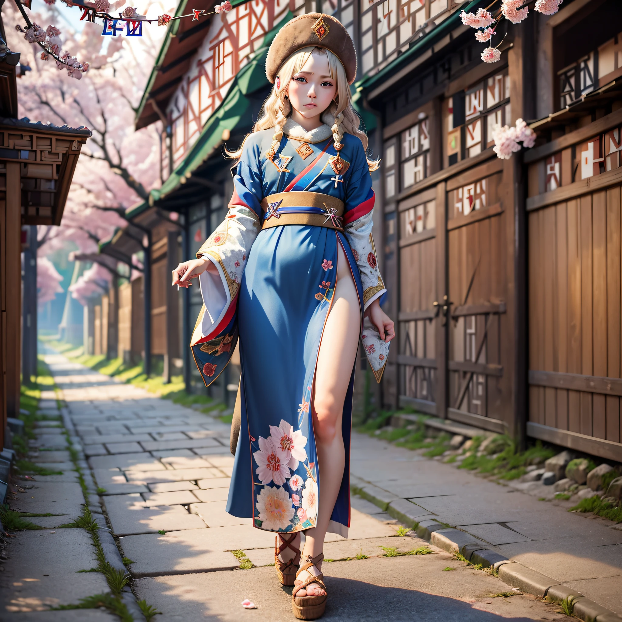 full body,full shot,sfw,beautiful (russian:2) girl in an image of a geisha with big bright blue eyes and long fluffy eyelashes of Nordic type with a perfect graceful figure and very long and fluffy wavy wheat-colored hair stands full-length in an alley against a blooming Japanese pink sakura in Japanese kimono of deep blue colour and Japanese shoes gate, kimono girl lace with intricate patterns as applique and embroidery of sakura blossoms, Small breasts with bulges shines through the fabric, the ground where the girl is standing is strewn with sakura petals, the scene is highly artistic, high resolution, sharp focus, Migjorni-V5 art style, hyperphotorealism, perfect proportions, golden ratio, flare, outline, sunlight, soft glow, soft focus, photography technique Monocle. --auto --s2