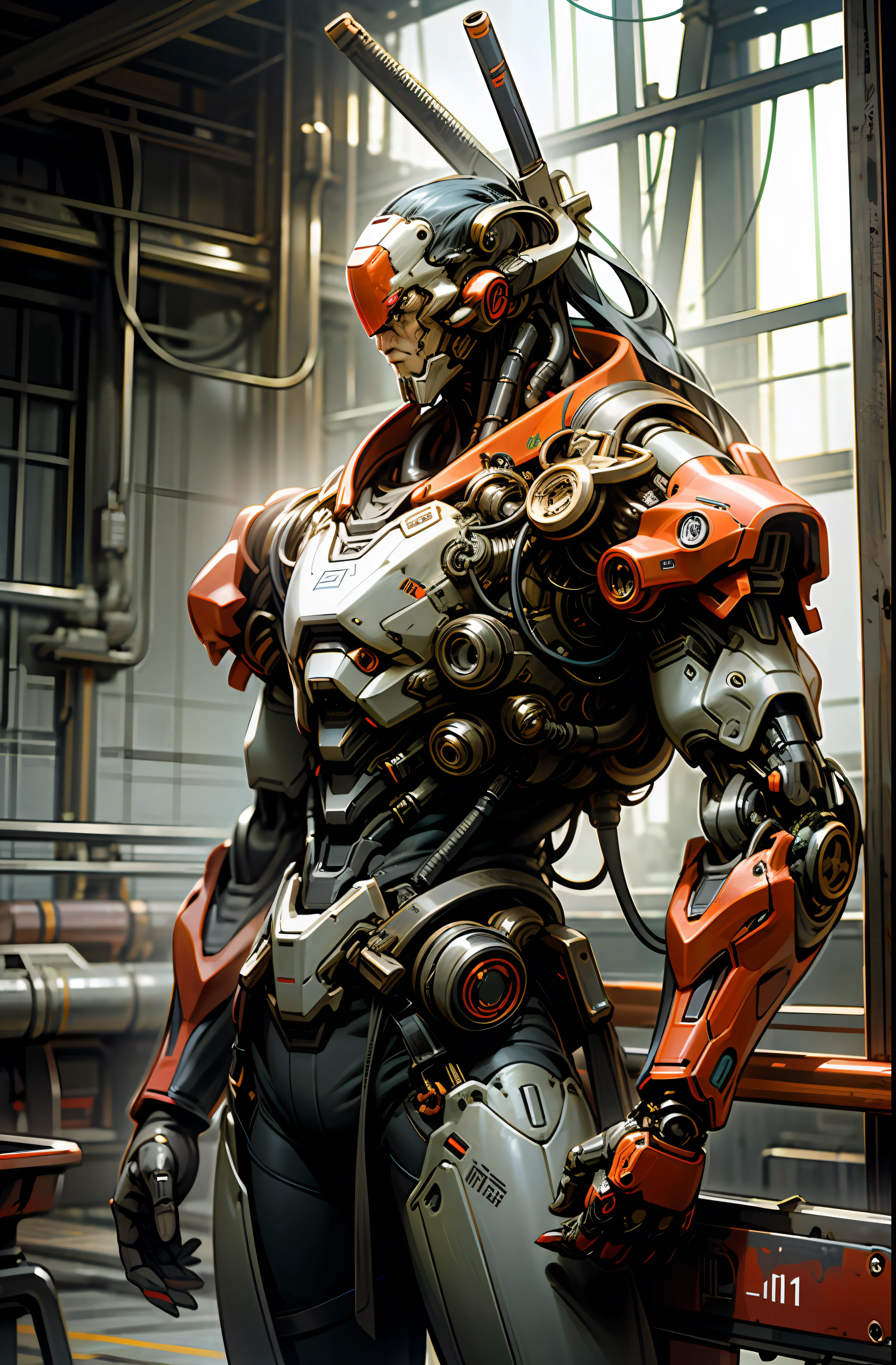 8K wallpapers, ultra-detailed works, cinematic lighting, realistic photos, Dark_Fantasy, Cyberpunk, (chain saw, chain saw man, Red: 1.1), 1man, Mechanical marvel, Robotic presence, Cybernetic guardian, wearing a worn-out mech suit , intricate, (steel metal [rust]), elegant, sharp focus, photographed by greg rutkowski, soft lighting, vibrant colors, masterpiece, ((street)), cowboy shot, dynamic pose,