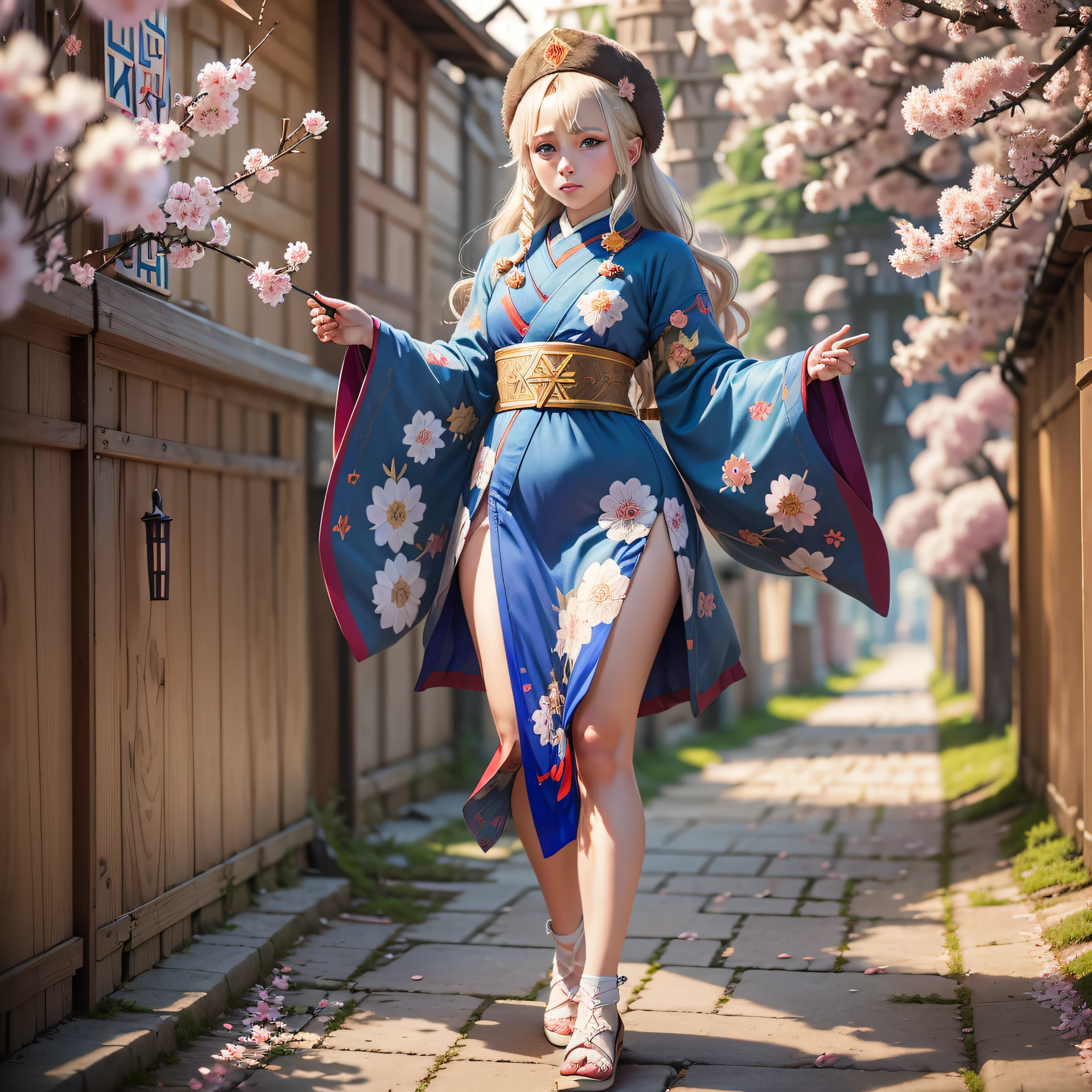 full body,full shot,sfw,beautiful (russian:2) girl in an image of a geisha with big bright blue eyes and long fluffy eyelashes of Nordic type with a perfect graceful figure and very long and fluffy wavy wheat-colored hair stands full-length in an alley against a blooming Japanese pink sakura in Japanese kimono of deep blue colour and Japanese shoes gate, kimono girl lace with intricate patterns as applique and embroidery of sakura blossoms, Small breasts with bulges shines through the fabric, the ground where the girl is standing is strewn with sakura petals, the scene is highly artistic, high resolution, sharp focus, Migjorni-V5 art style, hyperphotorealism, perfect proportions, golden ratio, flare, outline, sunlight, soft glow, soft focus, photography technique Monocle. --auto --s2