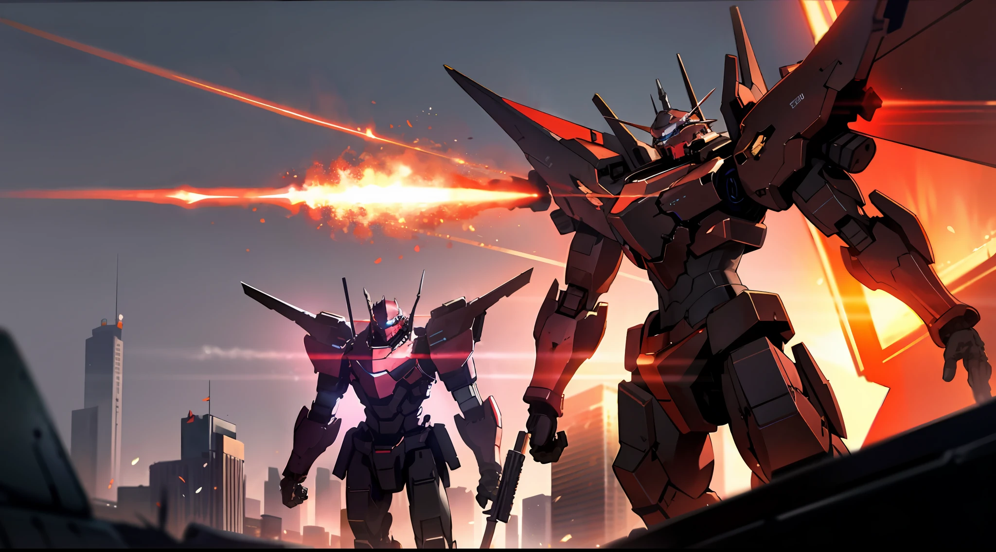 Armored core in a flaming City, Red cosmic blazing sky