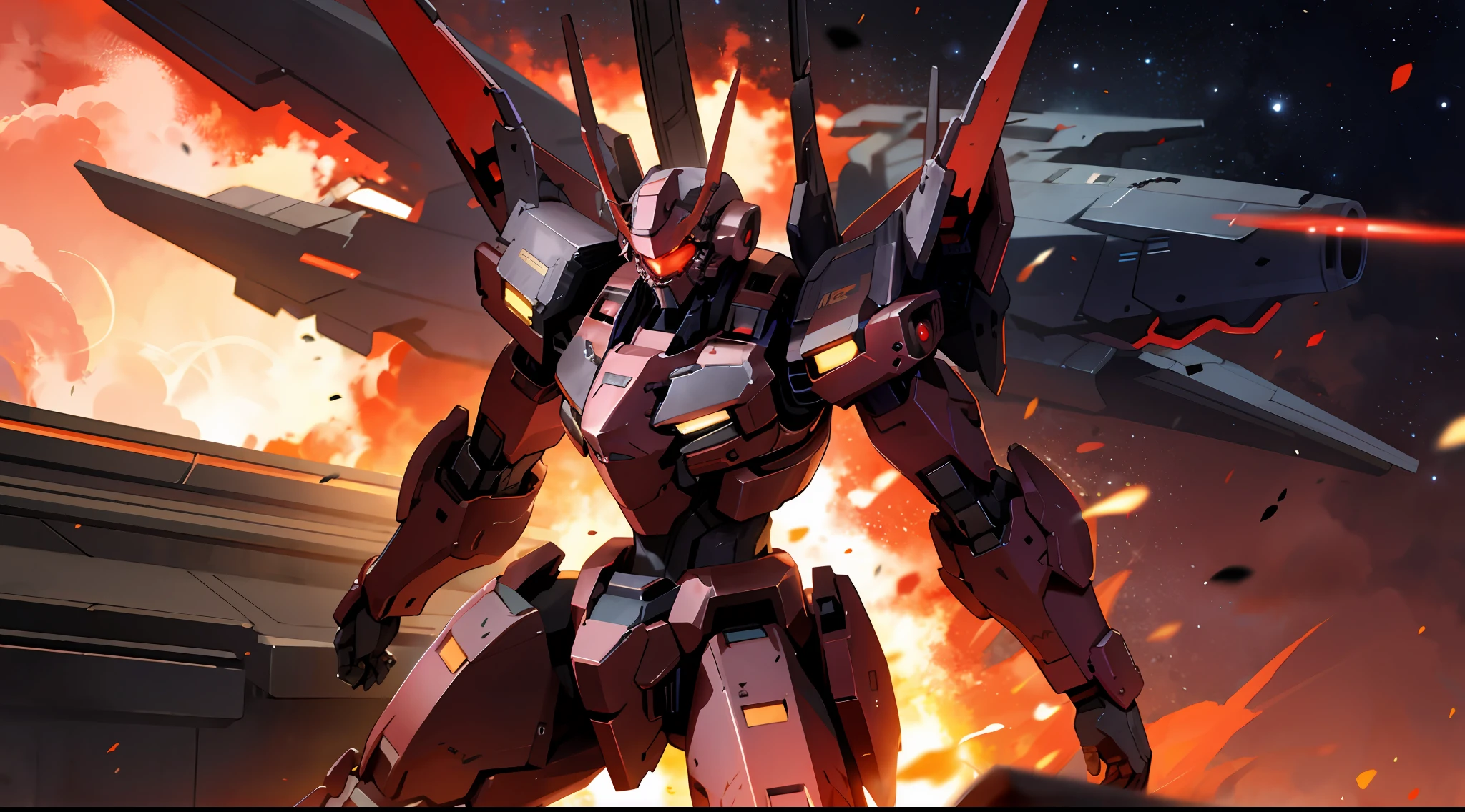 Colorful armored core in a flaming city, burning red cosmic sky