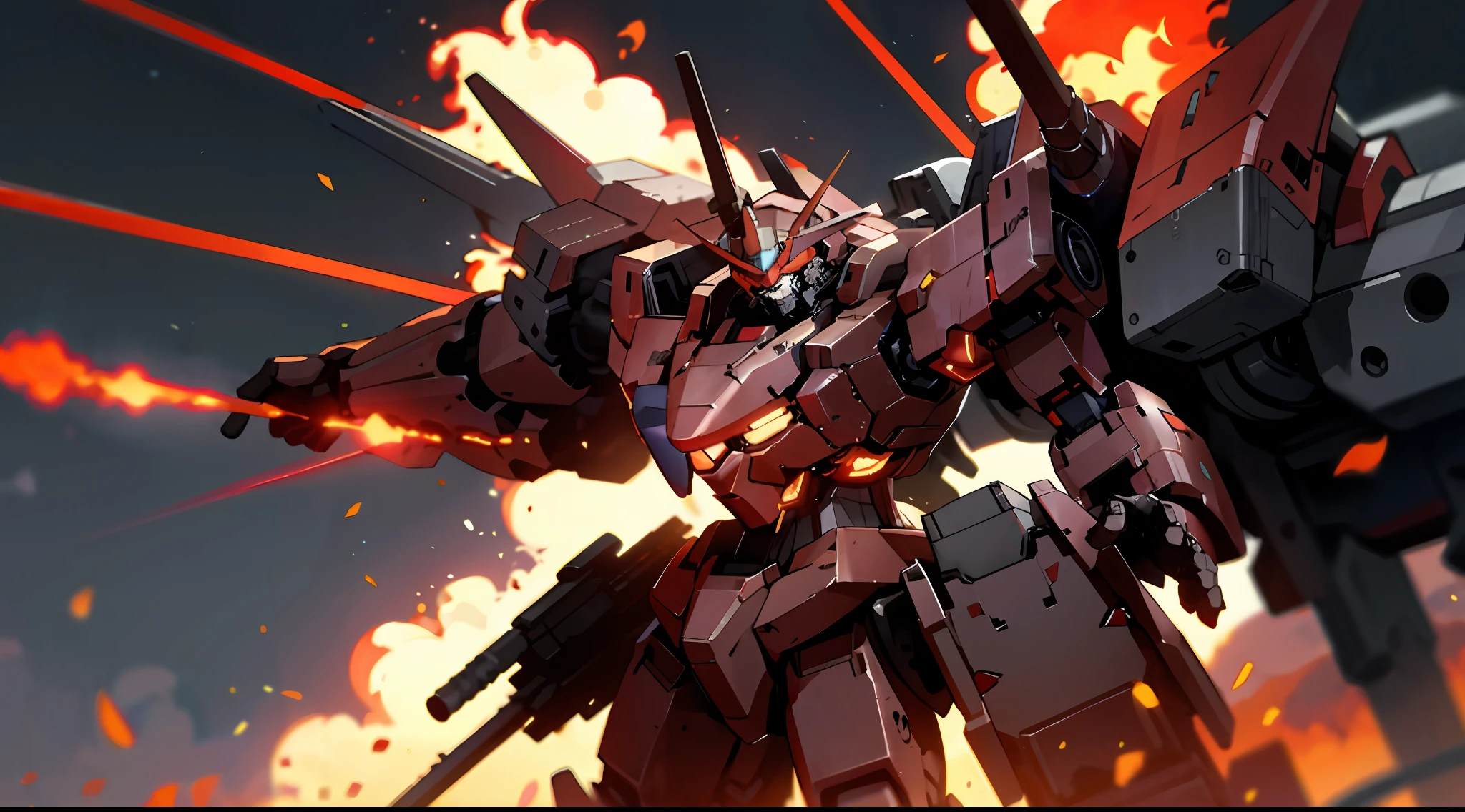 Colorful armored core in a flaming city, burning red cosmic sky