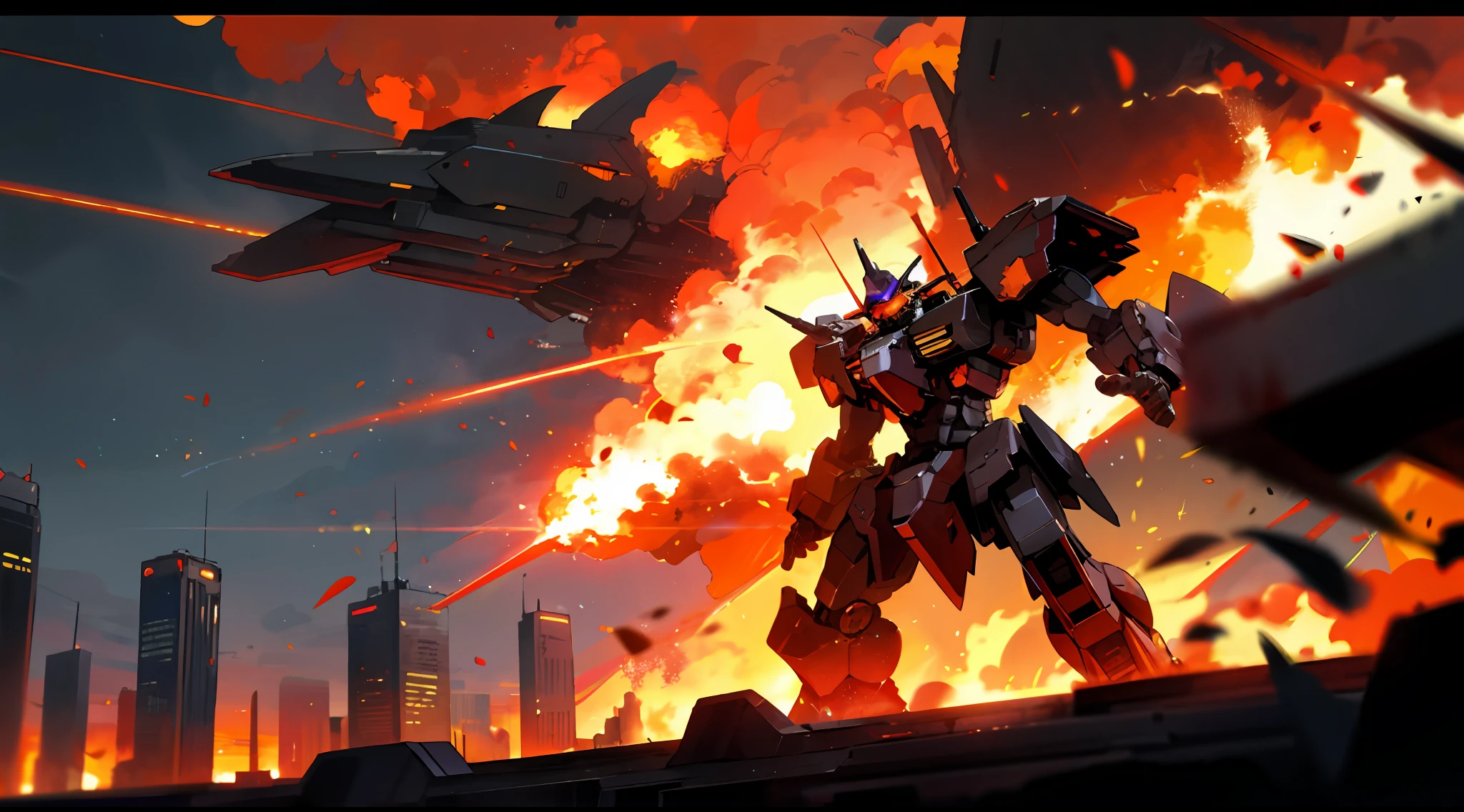 Colorful armored core in a flaming city, burning red cosmic sky