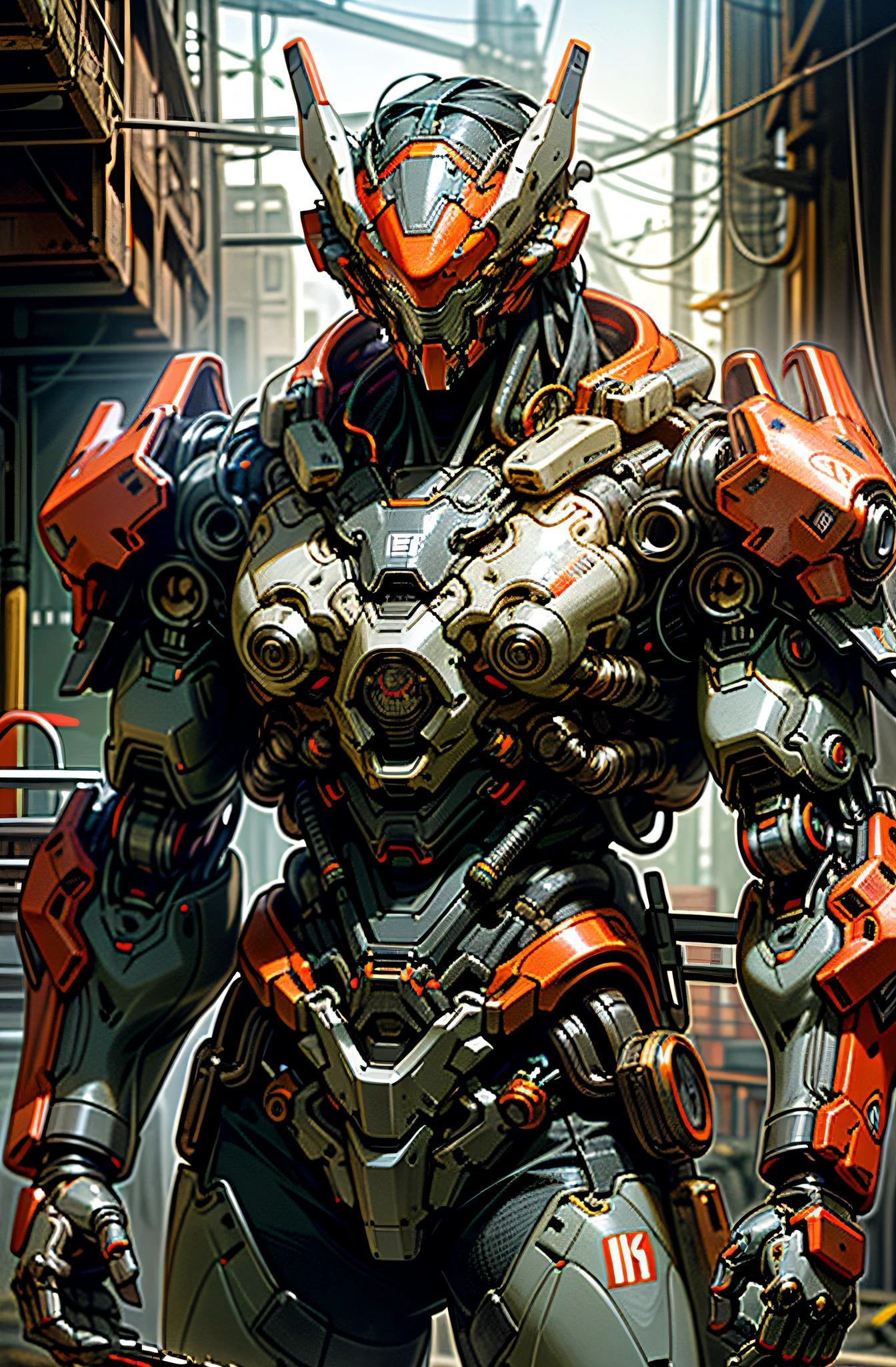 Dark_Fantasy,Cyberpunk,(chain saw,chain saw man,Red:1.1),1man,Mechanical marvel,Robotic presence,Cybernetic guardian, wearing a worn-out mech suit, intricate, (steel metal [rusty]), elegant, clear focus, shot by greg rutkowski, soft lighting, vibrant colors, masterpiece, ((street)), cowboy shot, dynamic pose,