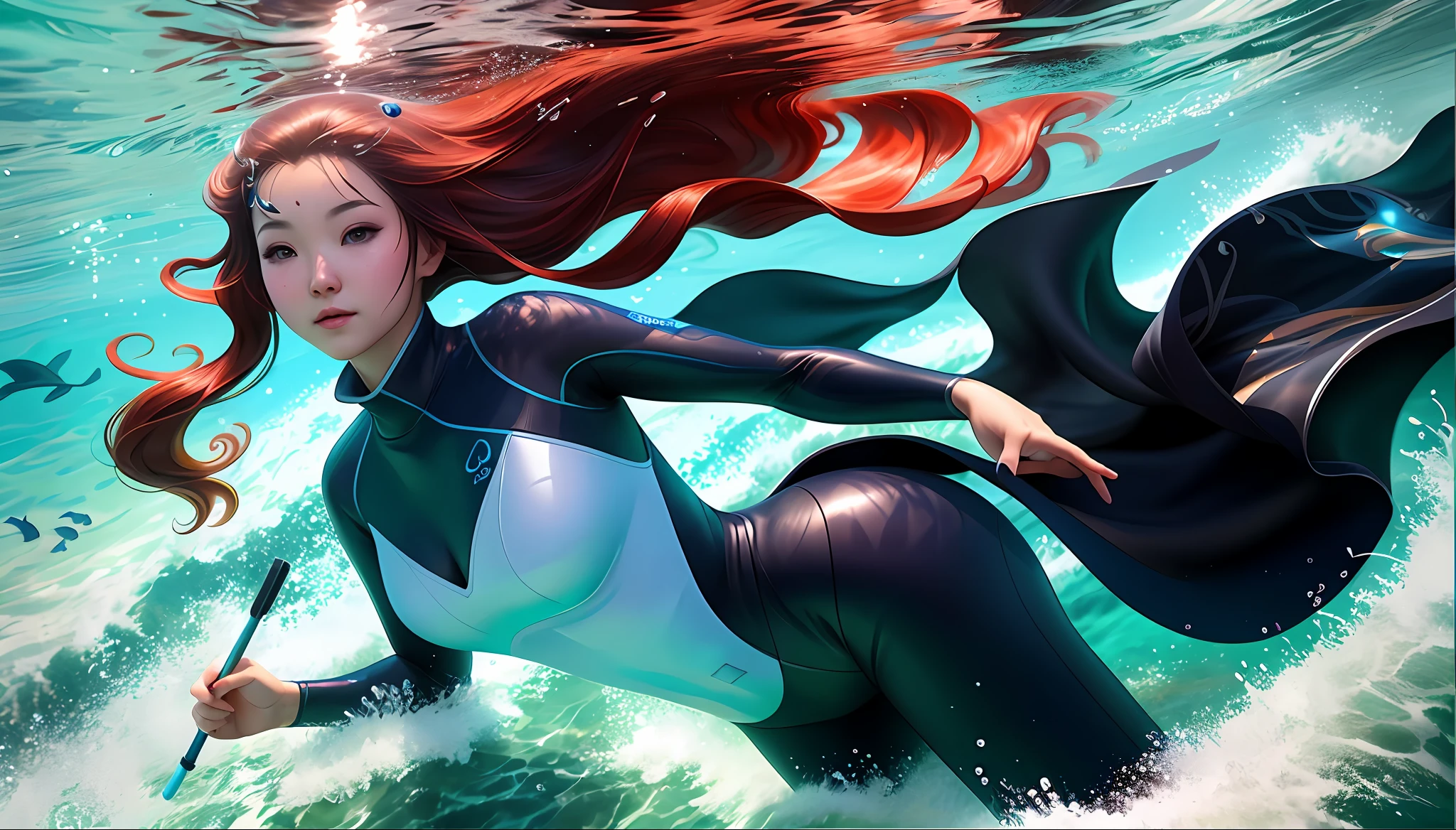 there is a woman in a wetsuit swimming in a tank, ross tran 8 k, high definition cgsociety, deviantart artstation cgscosiety, ultra realistic concept art, beautiful digital artwork, underwater shot, cgsociety masterpiece, stunning cgsociety, ross tran and wlop, cgsociety inspired, queen of the sea mu yanling, smooth digital concept art