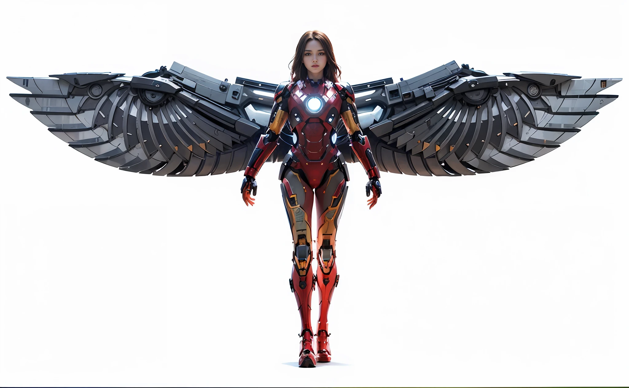 Realistic movie scene of a 20 year old woman. (wearing an Iron Man mech) on her insanely complex anatomical adaptation (graphene: 1.1) biomechanically symmetrical arms and biomechanical legs. Extremely detailed, elegant and gorgeous symmetrical fractal detailing with kyanite gemstones. Scenes captured with bright and soft natural light, dramatic shadows, and beautiful vivid colors. Romantic art style. 8K resolution images in cyberpunk-style with intricate symmetrical details. The whole picture is invincible, heroic and sassy, mainly a complete picture of a woman standing all over her body, smooth movements, and a confident expression, mechanical wings.