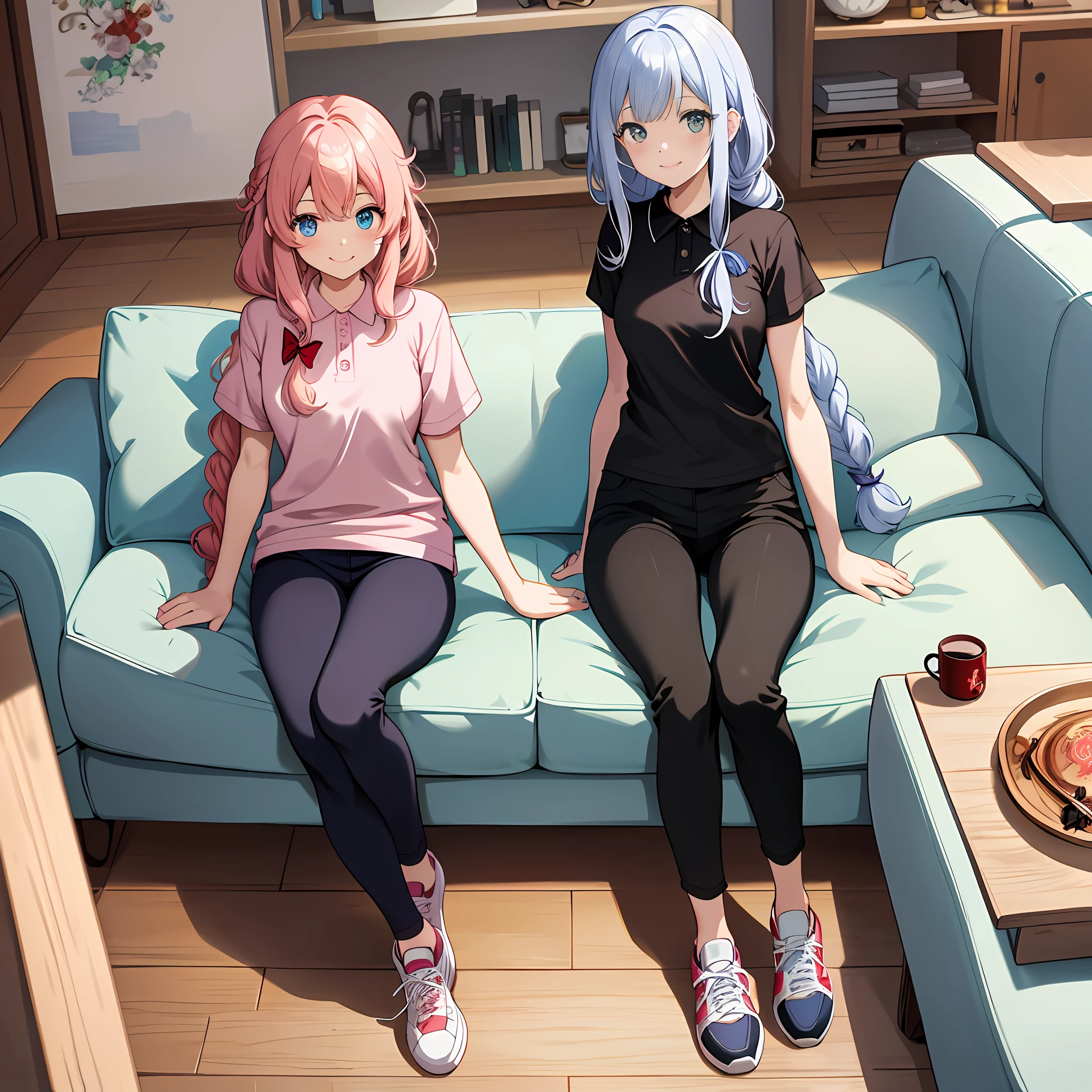 Masterpiece, highest quality, (heterochromia, blue and green eyes: 1.8), shining eyes, (illustration: 1.1), (Chibi: 0.5), (((Masterpiece, Super Detail, Best Quality, 8K, Kyoto Animation Anime Illustration)), (caregiver, one cute girl, solo, leaning forward, piece, Watch viewer, full body, front, cute mouth open, happy smile: 1.3), (loli: 1.2), (cute: 1.5), (red short-sleeved polo shirt and black tight long pants, long heattech inner shirt: 1.5), (footwear: sneakers), (pale pink hair, braid, long hair, umbrella hair ornament, cute ribbon: 1.1), thin eyebrows, Large wooden flooring room, large sofa, elderly people in the back