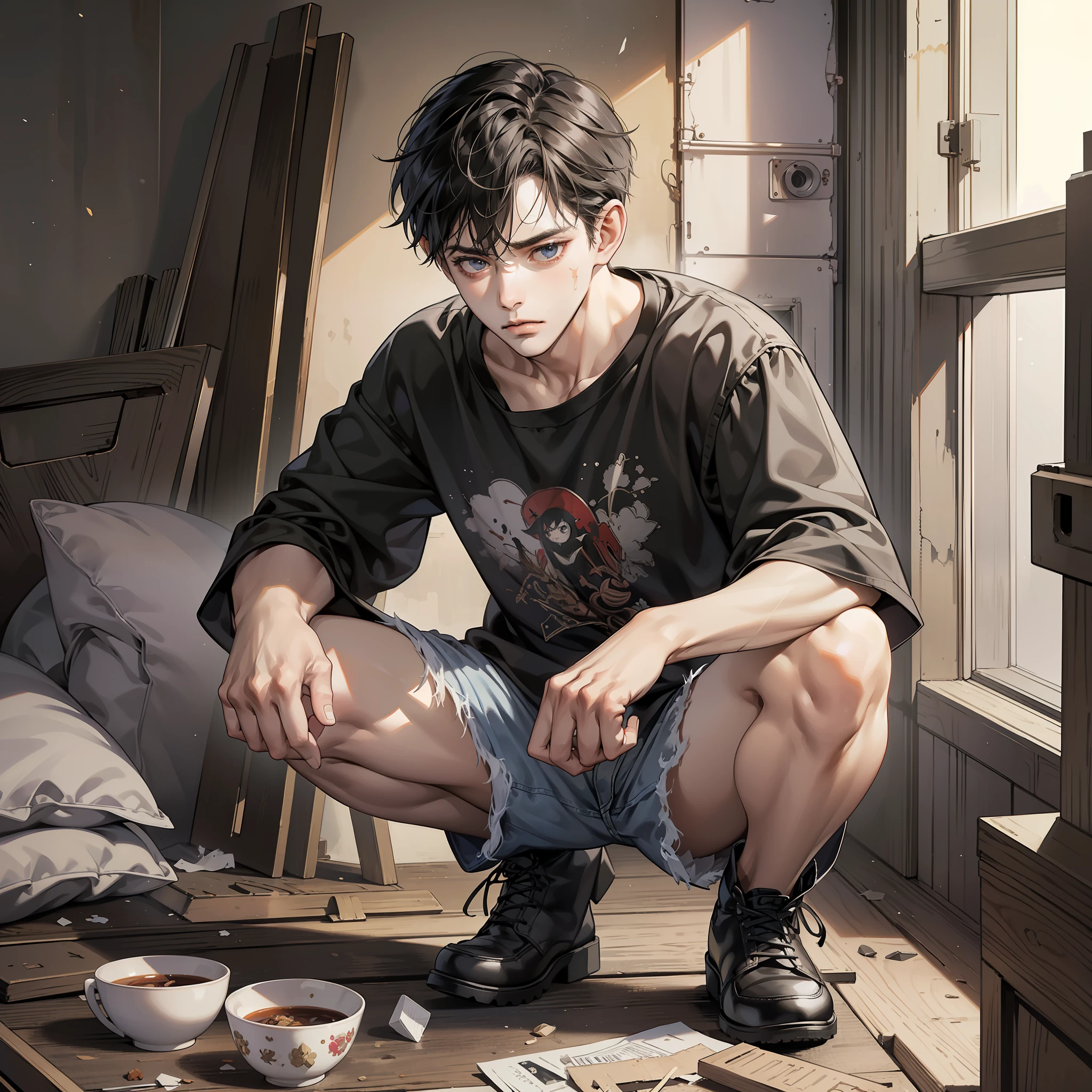 Masterpiece, high quality, best quality, HD, realistic, perfect lighting, detailed face, detailed body, 1 man, short black hair, tattered clothes, (sad expression: 1.5) (flat face: 1.5), squatting in a messy room
