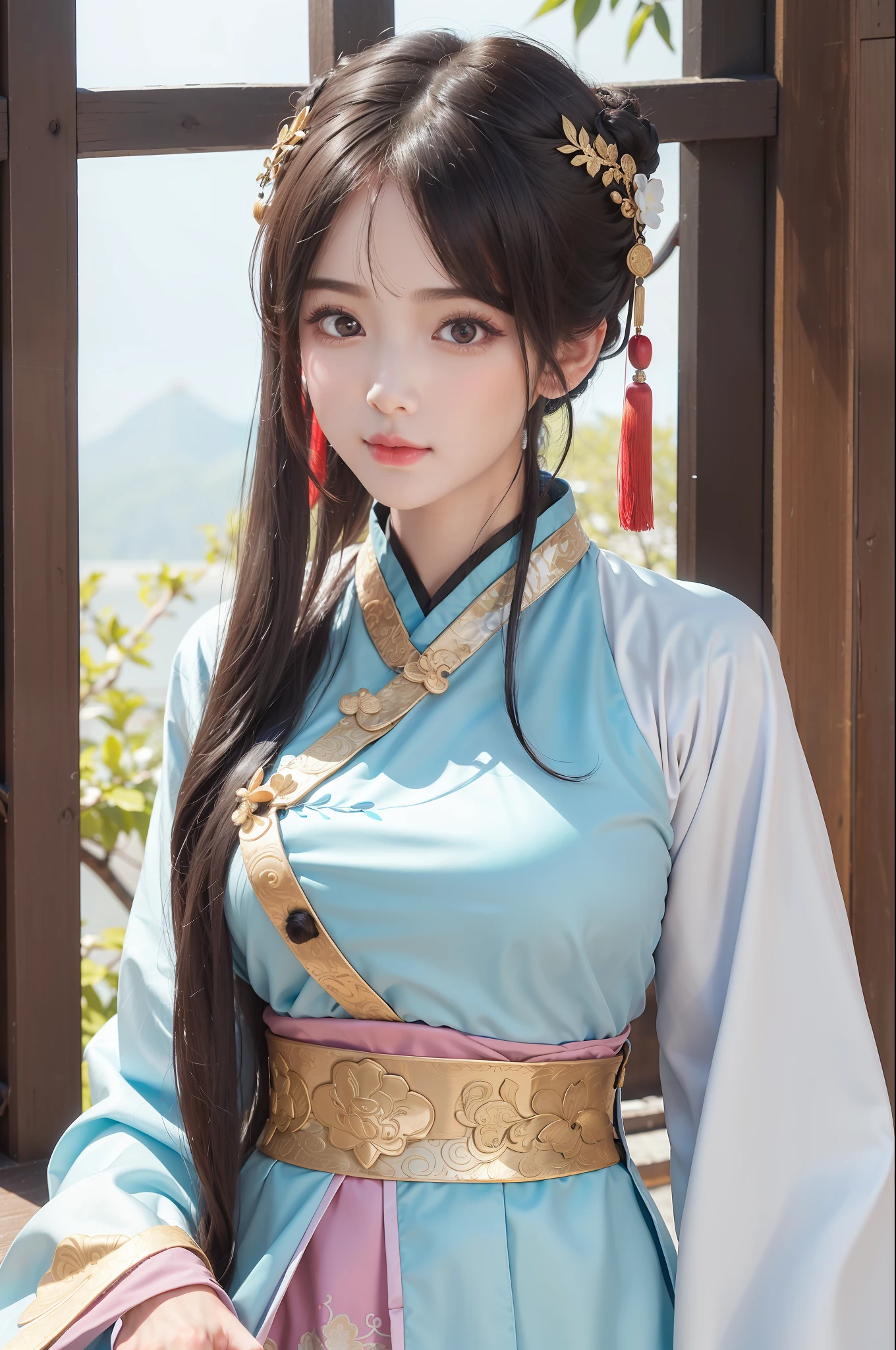 (8k, 4k, (8k, masterpiece), (realistic, realistic), 1girl, cute, dating, (shut up) small breasts, beautiful and delicate eyes, (Han dynasty, Hanfu) black hair, 20 years old Chinese round face girl. shy