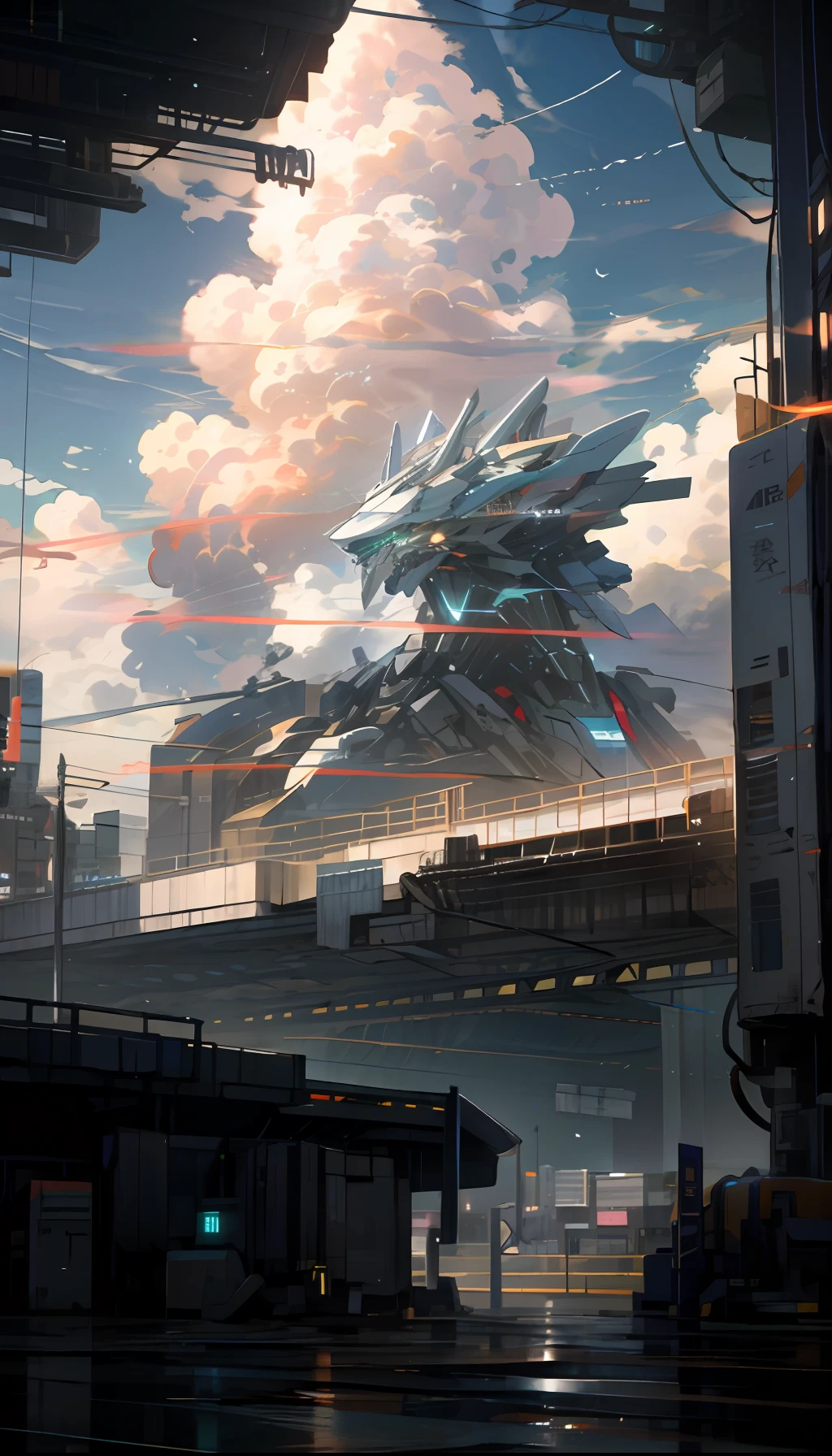 Sky, Clouds, holding_weapon, no_humans, Glow, Robots, Architecture, Science Fiction, Cities, Reality --v6