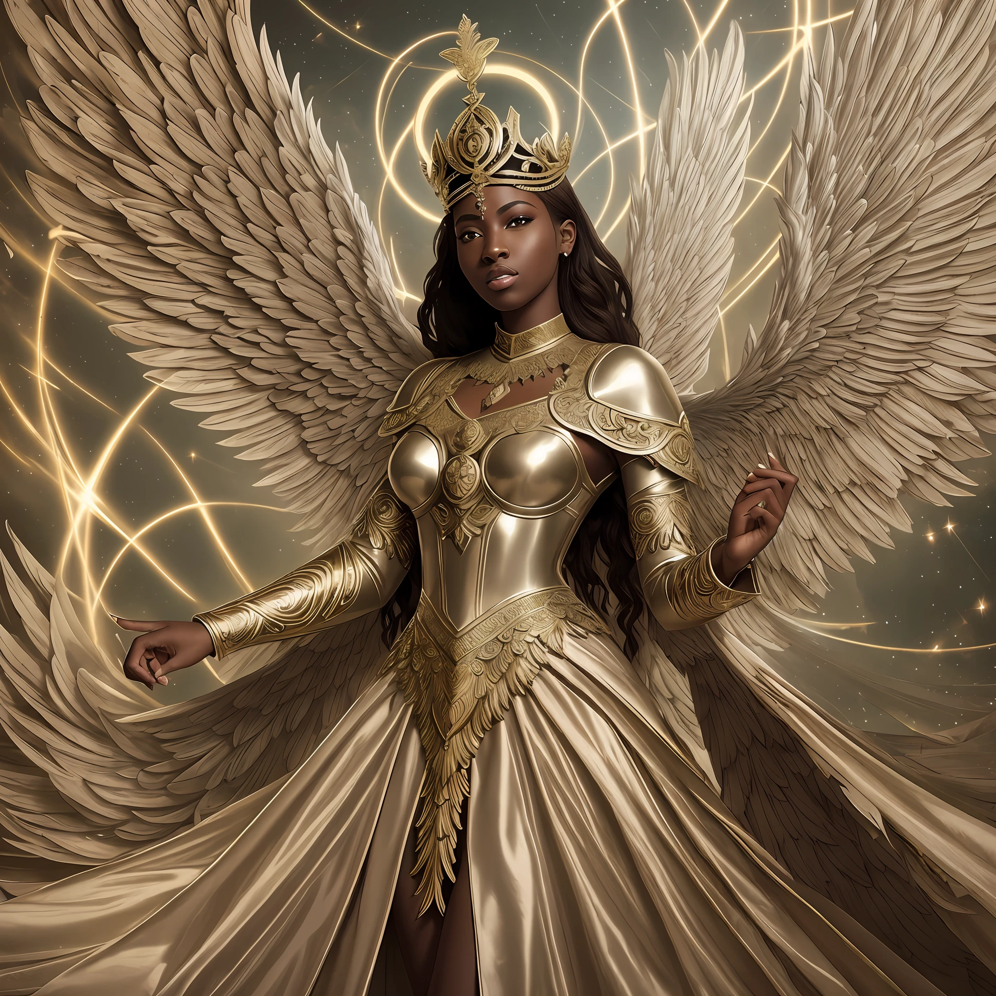 (Concept art: ebony guardian angel), ((brown skin)),(an angelic and pure woman with majestic feathered wings, radiating with light, wearing a halo), wearing Ancient Greek robes, the background is surreal, ((biblical imagery)), God rays, studio photography, thematic, high fashion, a creative photo series, ((fantastical surrealism)), centered in frame, highly stylized photoshoot, surrealist, surrealism, editorial high fashion photography, vogue style --auto --s2
