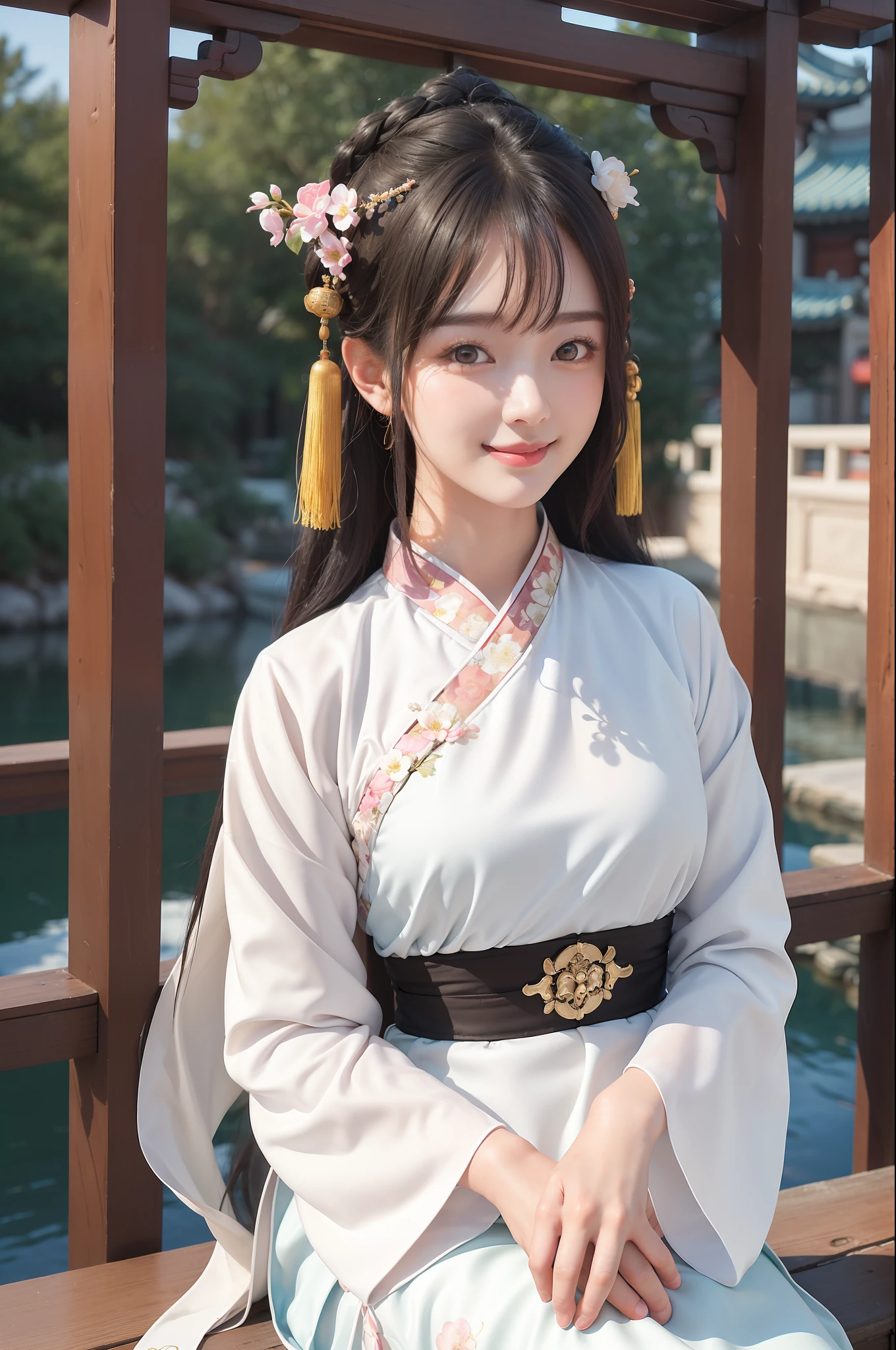 (8k, 4k, (8k, masterpiece), (realistic, realistic), 1girl, cute, dating, (smile), (shut up) small breasts, beautiful and delicate eyes, (Han dynasty, Hanfu) black hair, 20 years old Chinese round face girl.