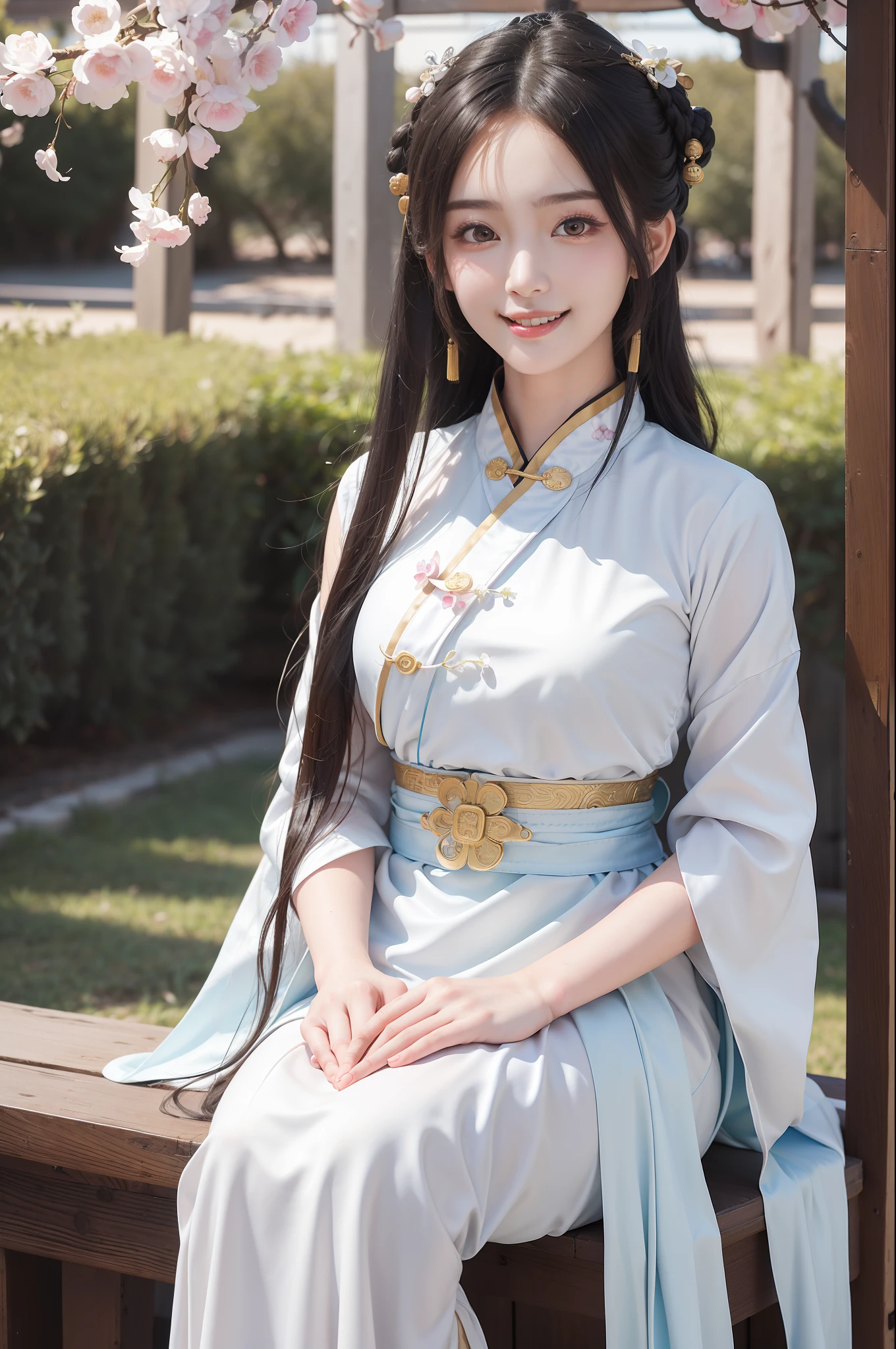 (8k, 4k, (8k, masterpiece), (realistic, realistic), 1girl, cute, dating, (smile), (shut up) small breasts, beautiful and delicate eyes, (Han dynasty, Hanfu) black hair, 20 years old Chinese round face girl.