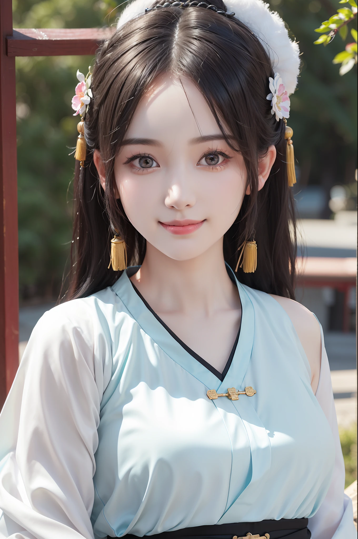 (8k, 4k, (8k, masterpiece), (realistic, realistic), 1girl, cute, dating, (smile), (shut up) small breasts, beautiful and delicate eyes, (Han dynasty, Hanfu) black hair, 20 years old Chinese round face girl.