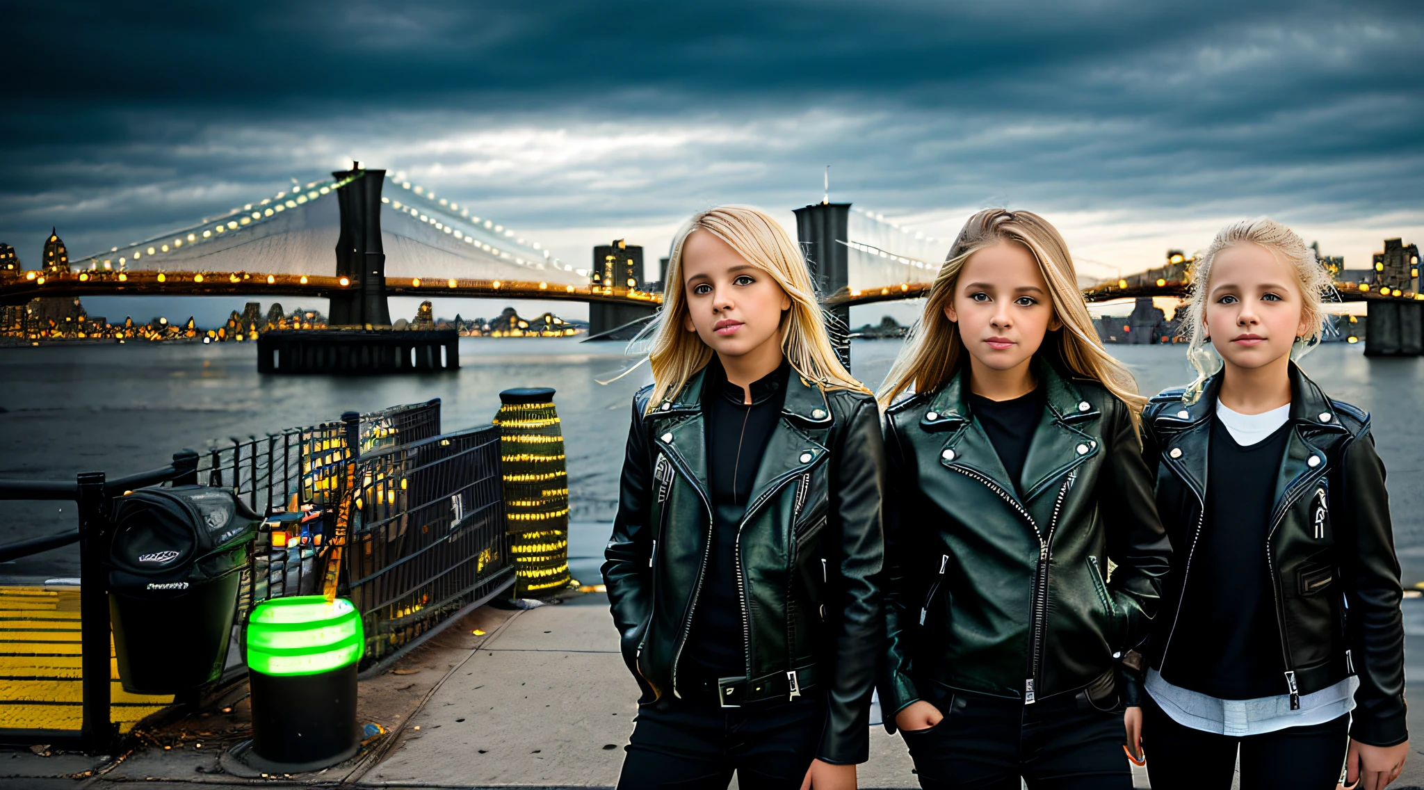 3 girls blonde children WITH STRAIGHT HAIR, BLACK LEATHER JACKET AND BLACK CLOTHING. PORTRAT STYLE, image of a city skyline with a bridge and a green glow, detalized background of new york, green glow, ny, green glow, brooklyn background, green ambient light, new york background, new york city background, bright green, radioactive glow green, neon green, sickening green colors, gotham city background, new york city as a backdrop,  New York