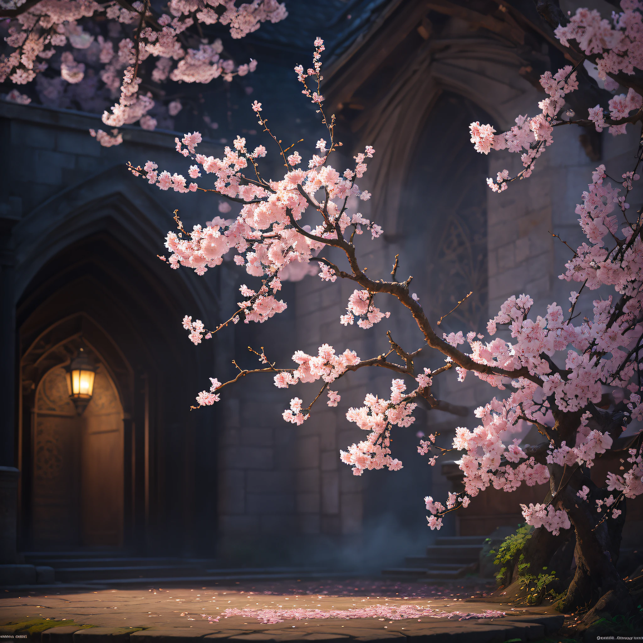 Plum Blossom, Ultra-detailed Intricate Gothic Art Trends on Artstation Ternary Color Unreal Engine 5 Detailed Matte Painting, Dark Color, Dreamy, Intricate Detail, Splash Screen, Complementary Colors, Fantasy Concept Art, 8k Resolution, Gothic Deviant Art Masterpiece, (Dark Shot: 0.9), Art by Greg Rutkowski and Artgerm, Soft Film Light, Adobe Lightroom, Light Lab, HDR, Complex, Highly Detailed, Pink plum blossoms, no figures