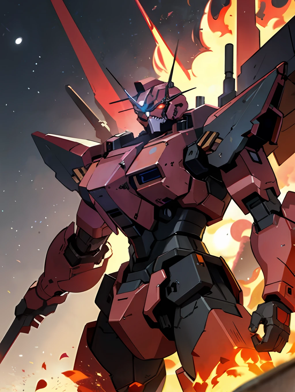Colorful armored core in a flaming city, burning red cosmic sky