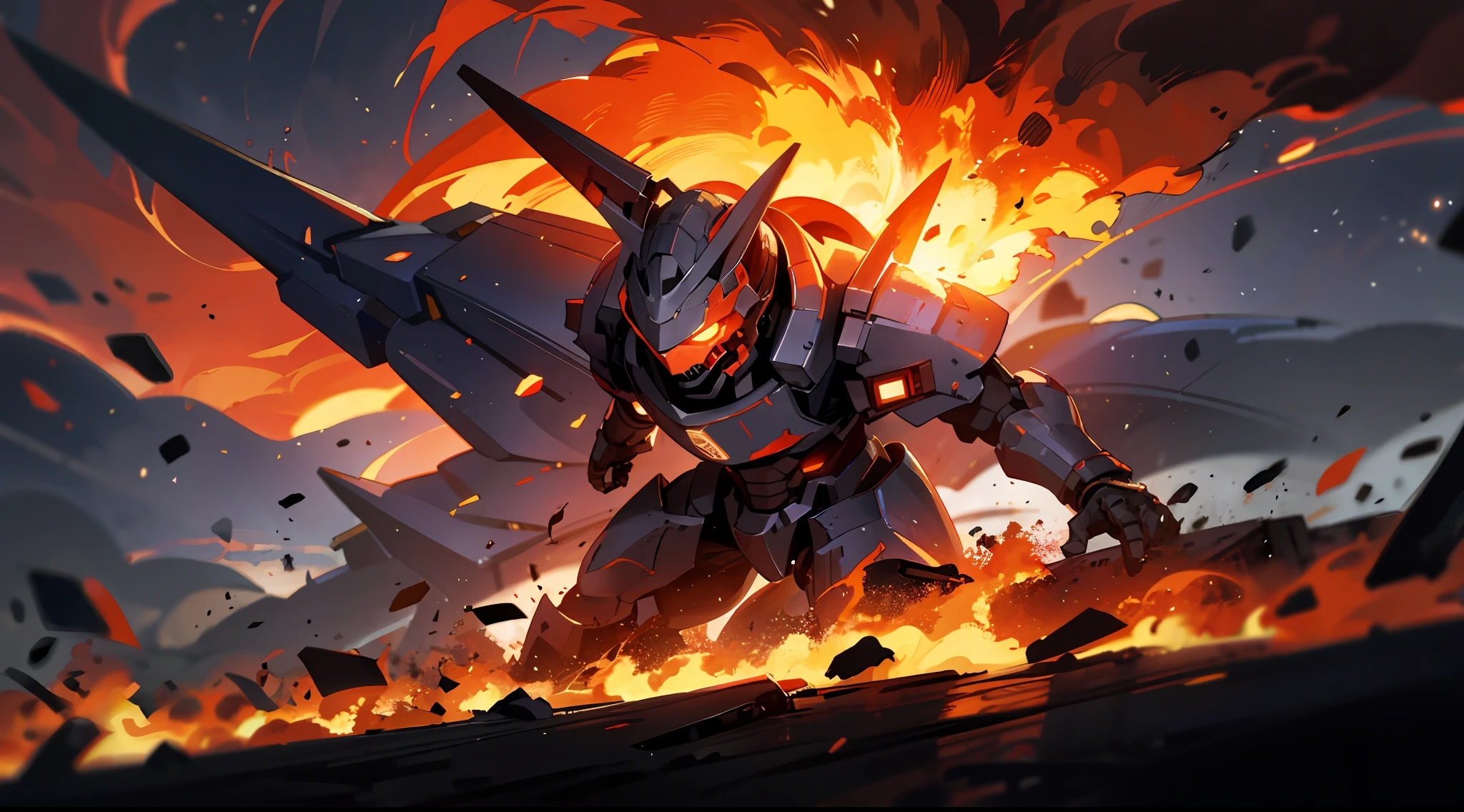 A war of armored Cores in a flaming city, red cosmic sky on fire