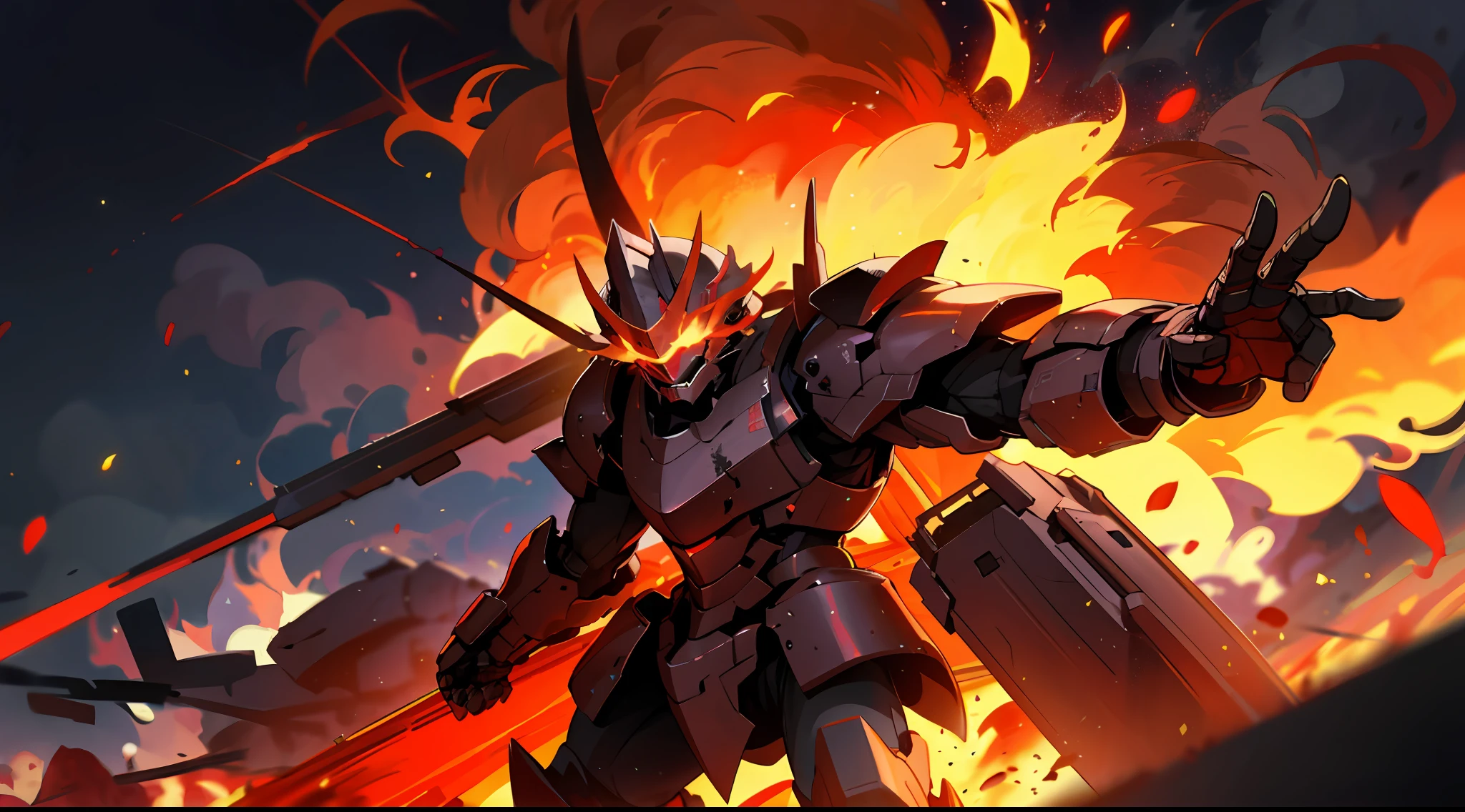 A war of armored Cores in a flaming city, red cosmic sky on fire