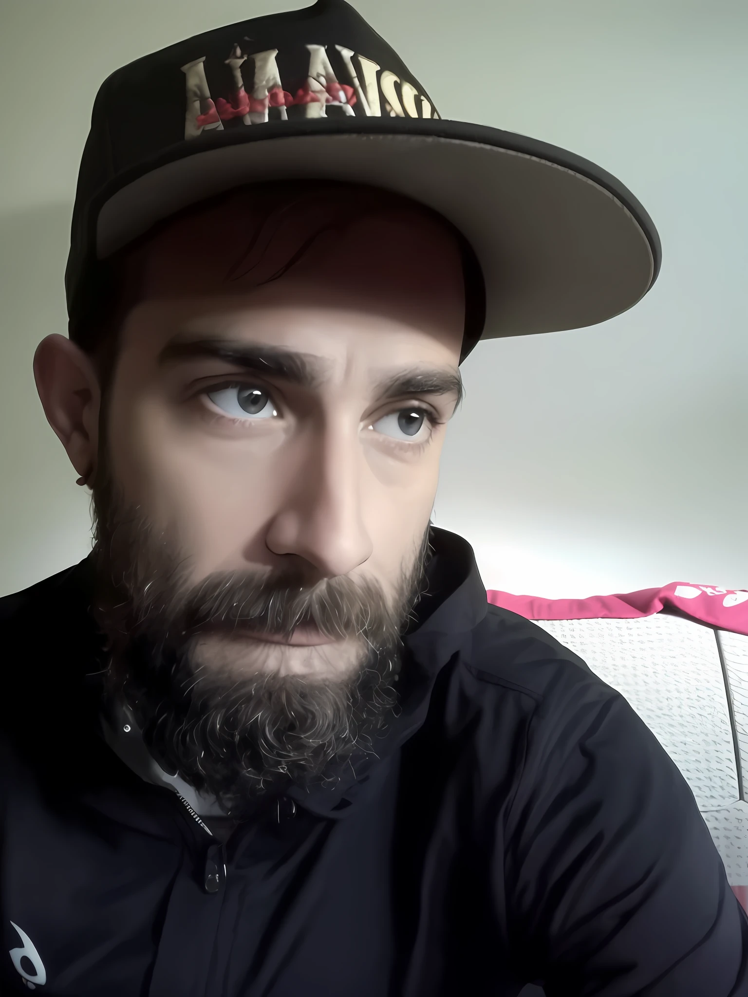 There's a man with a beard wearing a hat and a jacket, Twitch streamer/gamer Ludwig, about 35 years old, profile picture 1024px, headshot profile picture, 3 , looking away from the camera, 29 years old, looking off camera, very low quality image, 2 8 years olds old --auto --s