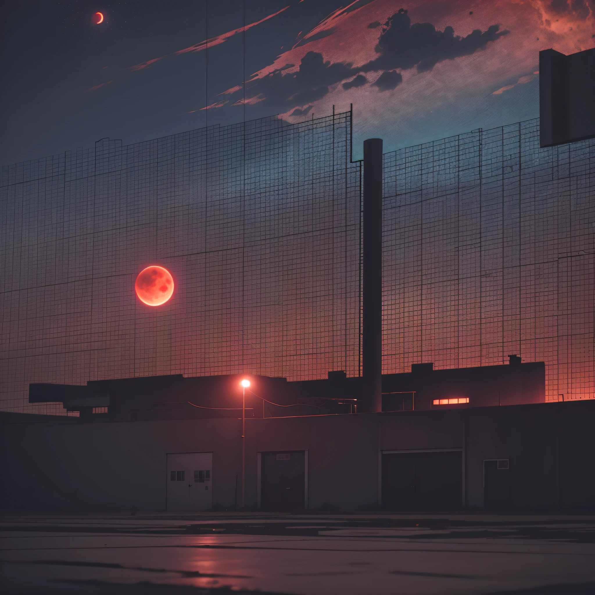 At night, large military base internal headquarters, screens, alarms, red moon, eerie --auto --s2