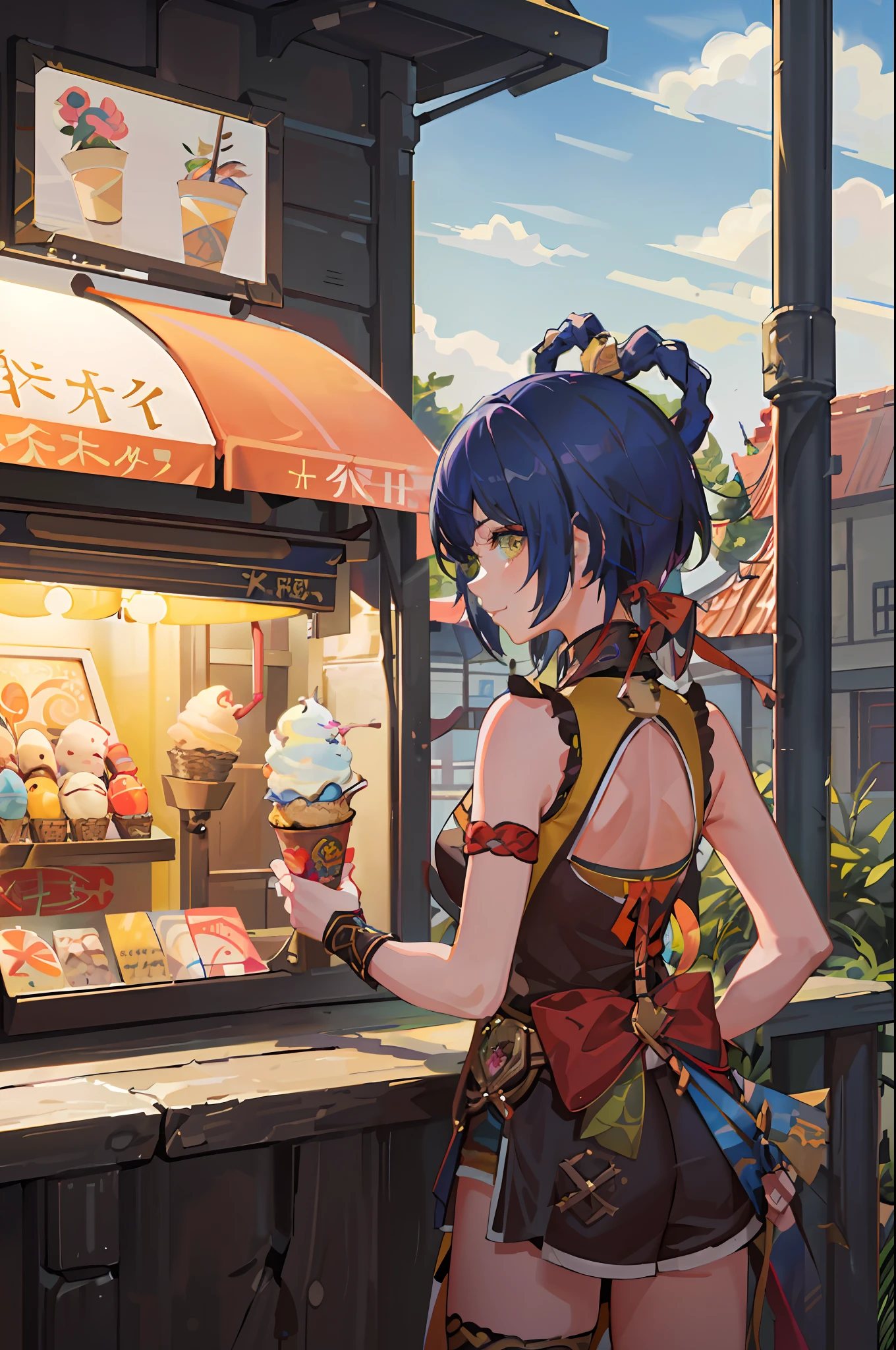 absurdres, highres, ultra detailed, 1girl, solo, extremely detailed eyes, (official art, beautiful and aesthetic:1.2), (1girl), extreme detailed,colorful,highest detailed, short blue hair with 2 braids on top of the head, yellow chinese clothes, selling icecream, icecream booth, icecream machine, lonts of icecream for sale, holding icecream cone in hand