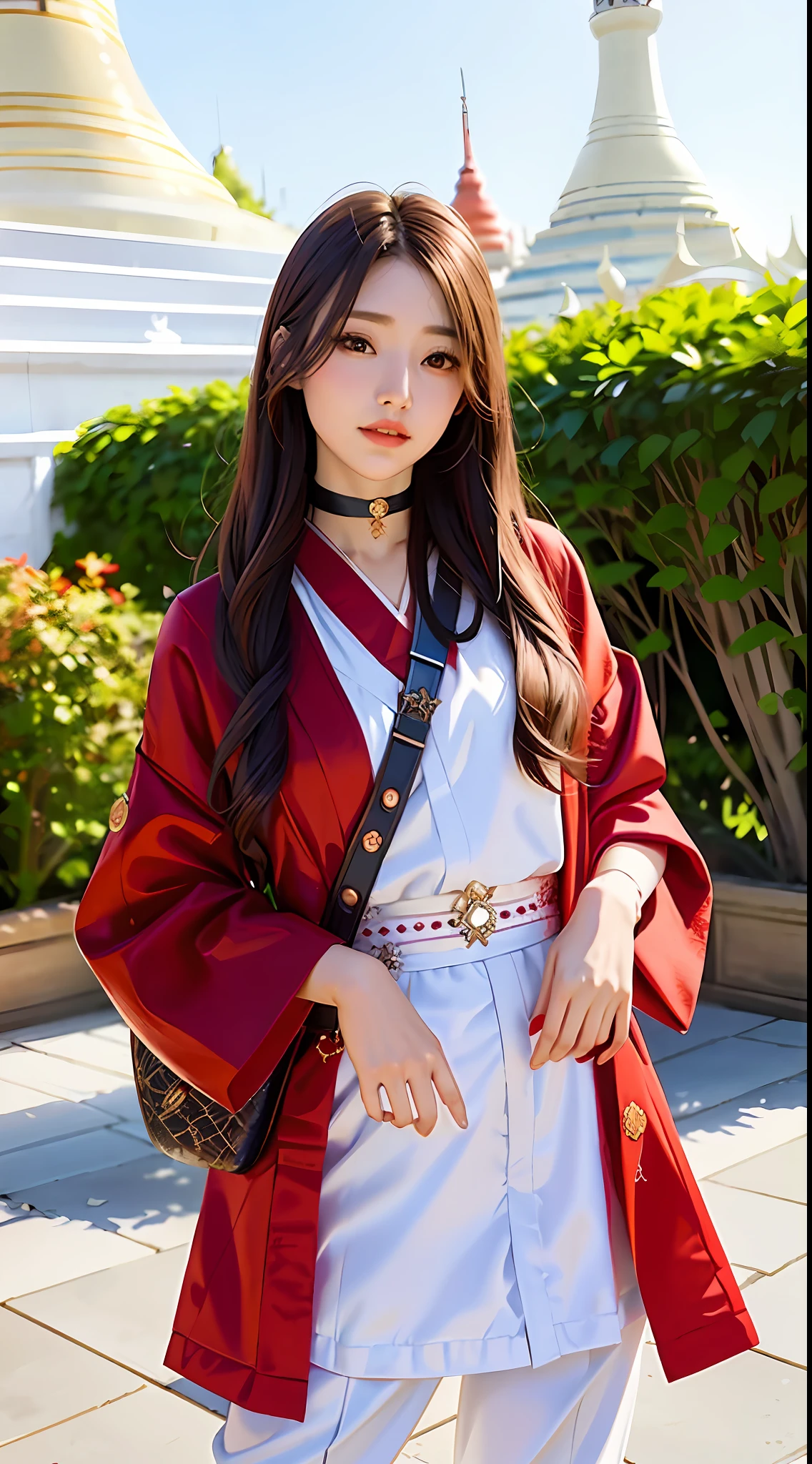 woman in red and white outfit posing for picture in front of a pagoda, hanfu, hanbok, ulzzang, wearing kimono, white hanfu, kimono, red kimono, in kimono, korean girl, classic kimono, sakimichan, wearing a simple robe, bae suzy, wearing gold detailed choker, japanese clothes, korean hanbok