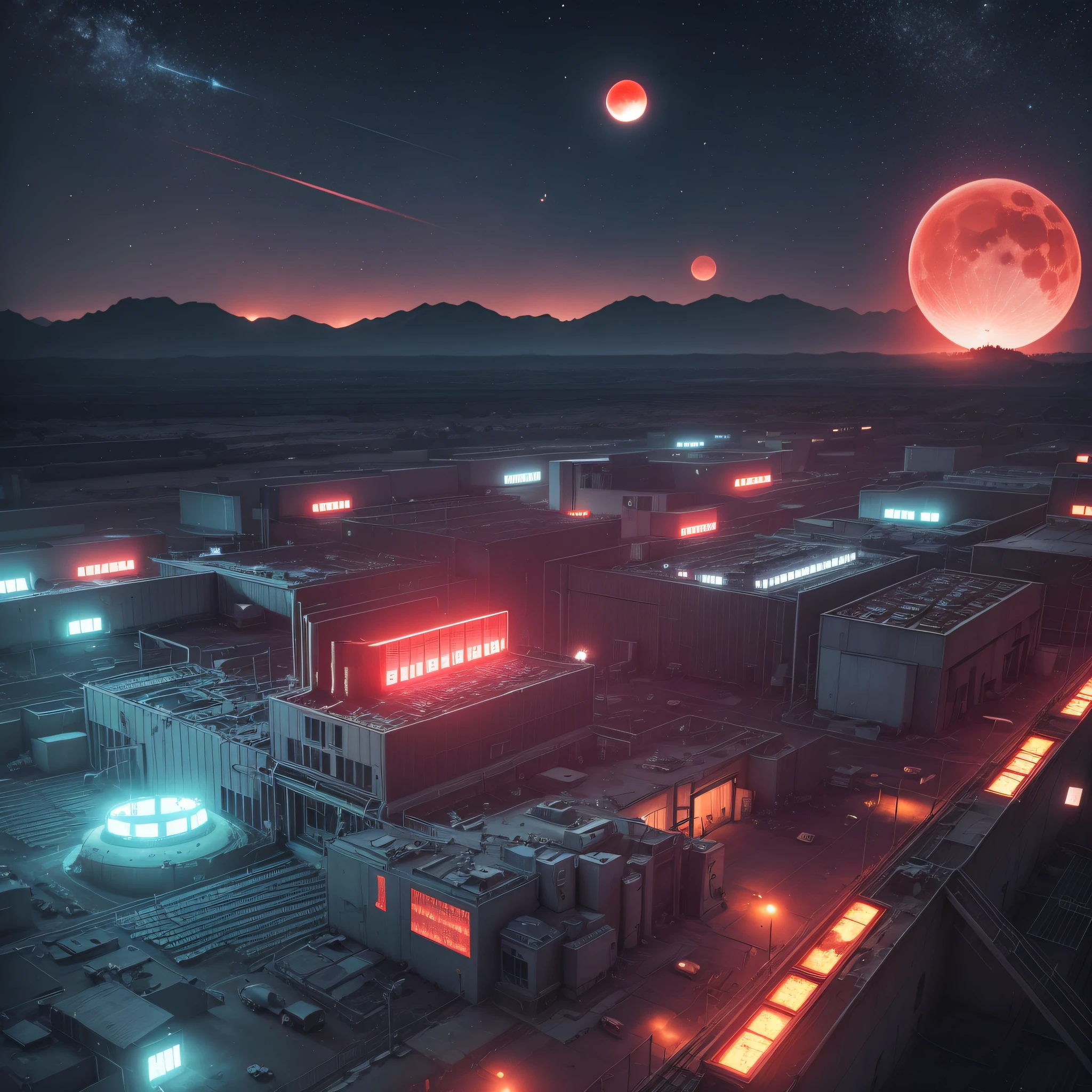 At night, the internal headquarters of the large military base, screens, alarms, red moons, weird, huge white energy shields surround the base