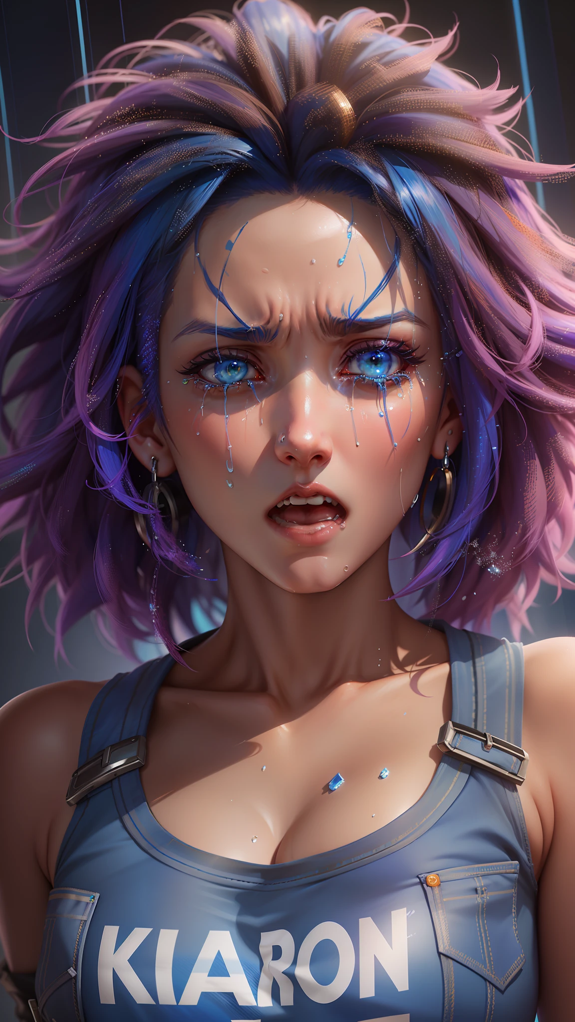 A closeup of a woman with blue hair and a blue top, (((screaming and crying)))), Guweiz-style art, 8k portrait rendering, ultra realistic 3D illustration, deviantart artstation cgscosiety, stylized 3D rendering, realistic 3D style anime, pouty look :: octane render, anime styled 3d, photorealistic artstyle, realistic artstyle